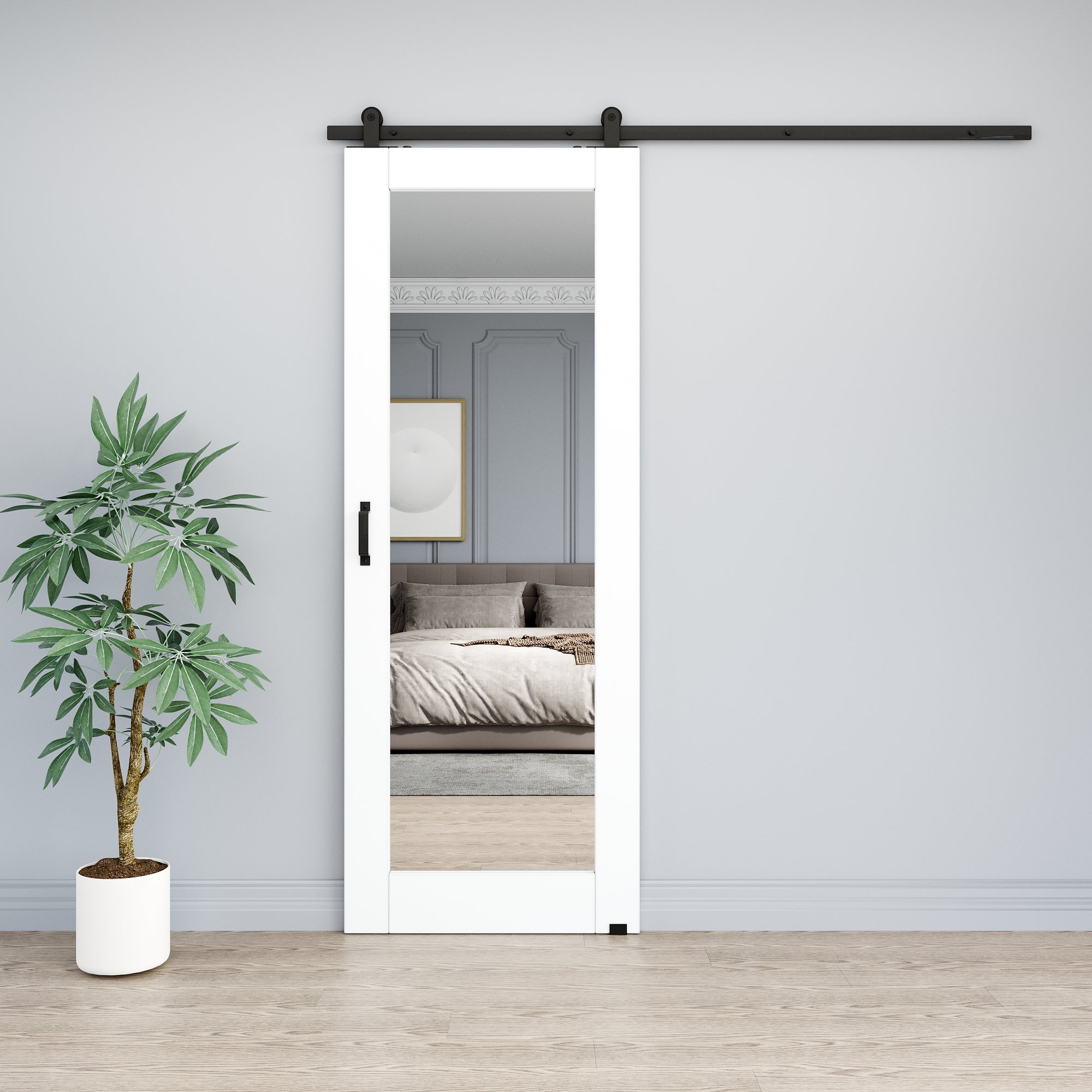 Ark Design 1-Lite Mirrored Glass White Primed Top Mounted Sliding Barn Door with Hardware Kit