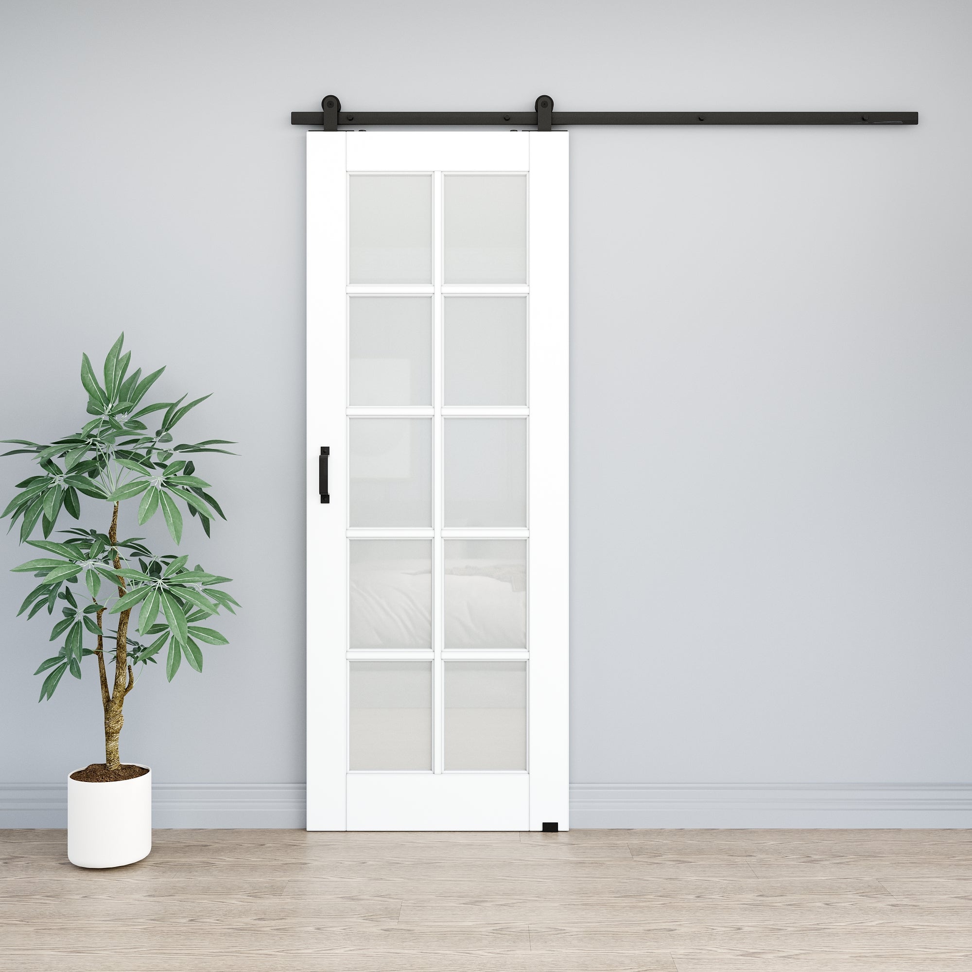 Ark Design 10-Lite Tempered Frosted Glass White Primed MDF Top Mounted Composite Sliding Barn Door with Hardware Kit