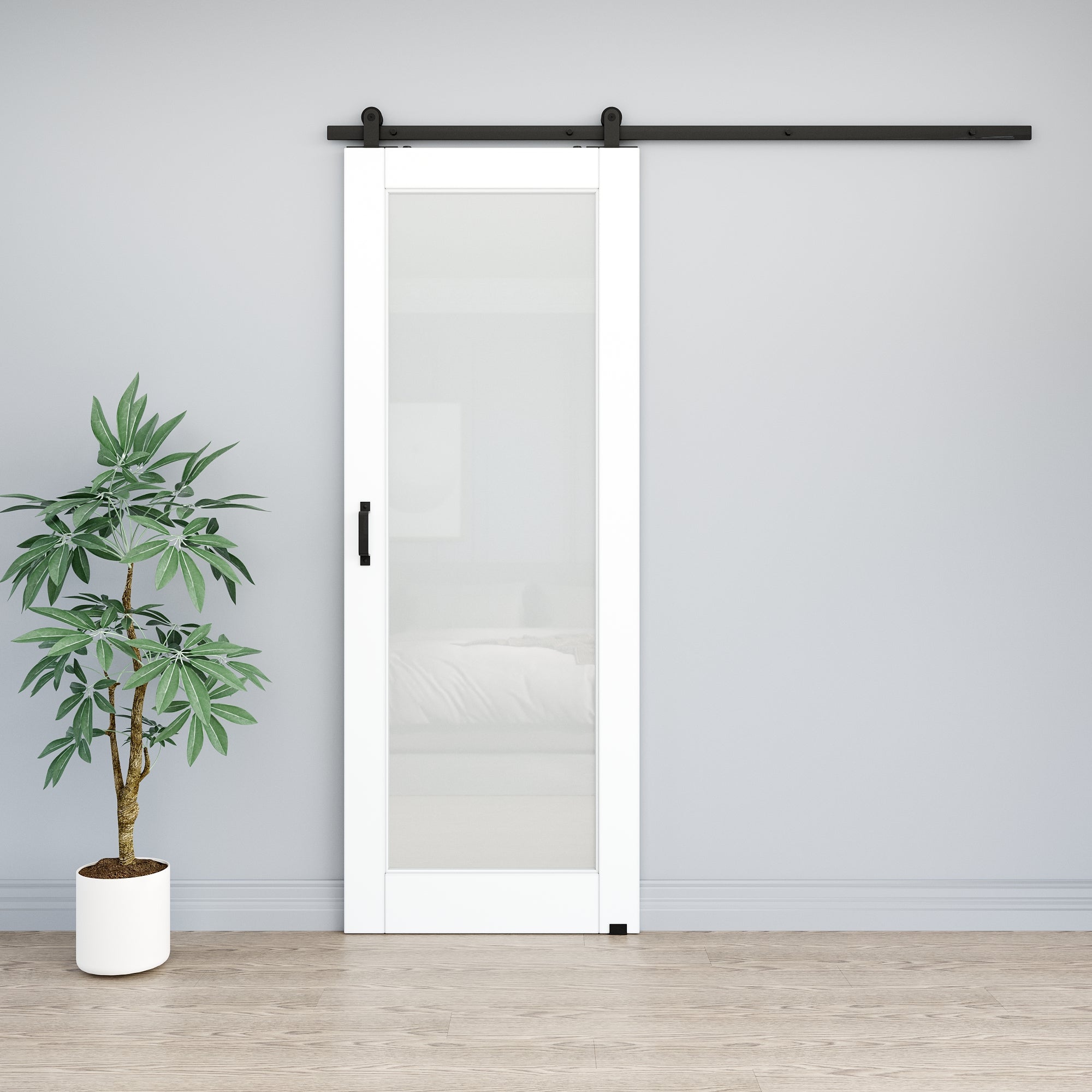 Ark Design 1-Lite Tempered Frosted Glass White Primed MDF Top Mounted Composite Sliding Barn Door with Hardware Kit
