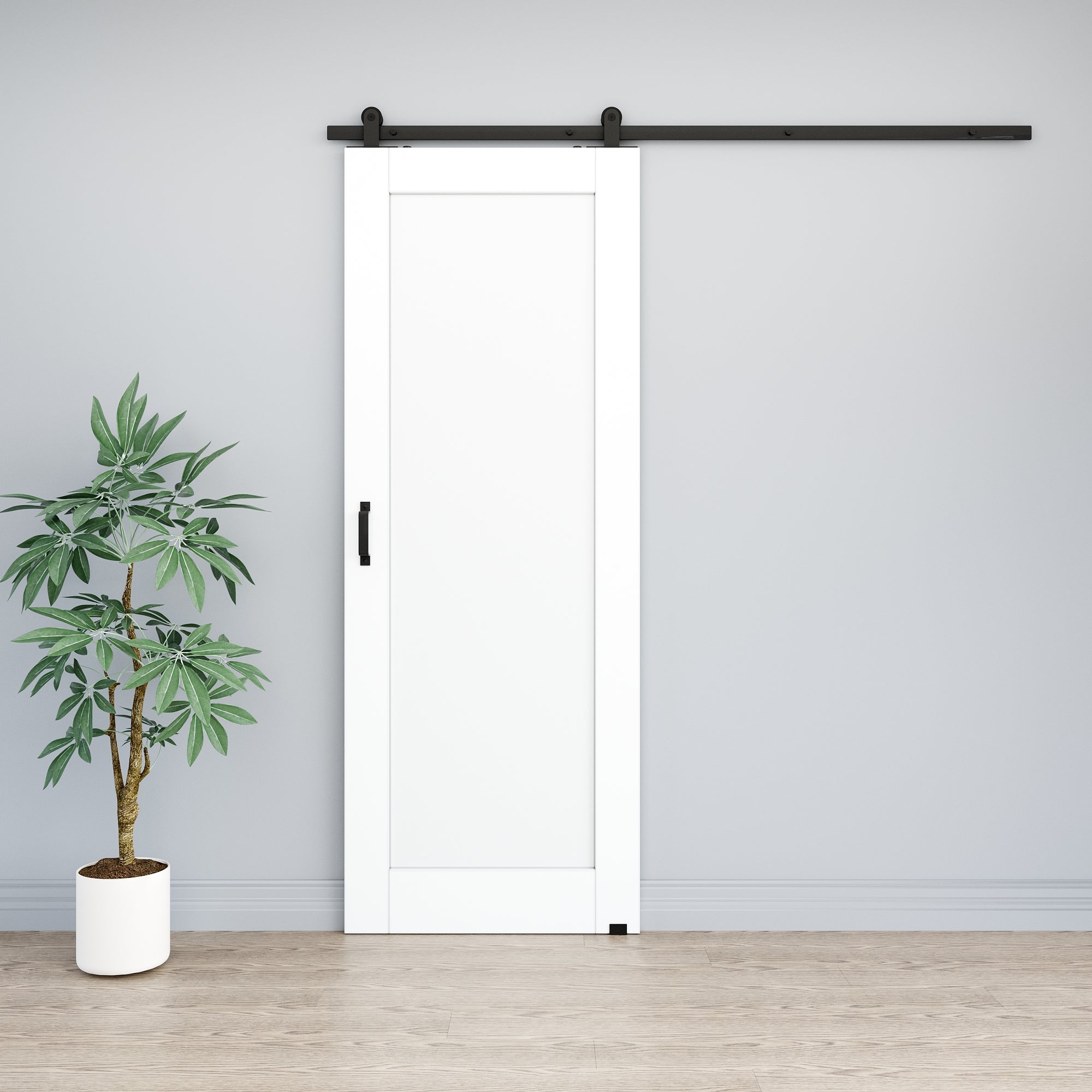 Ark Design 1-Lite Panel White Primed Paneled MDF Top Mounted Sliding Barn Door with Hardware Kit