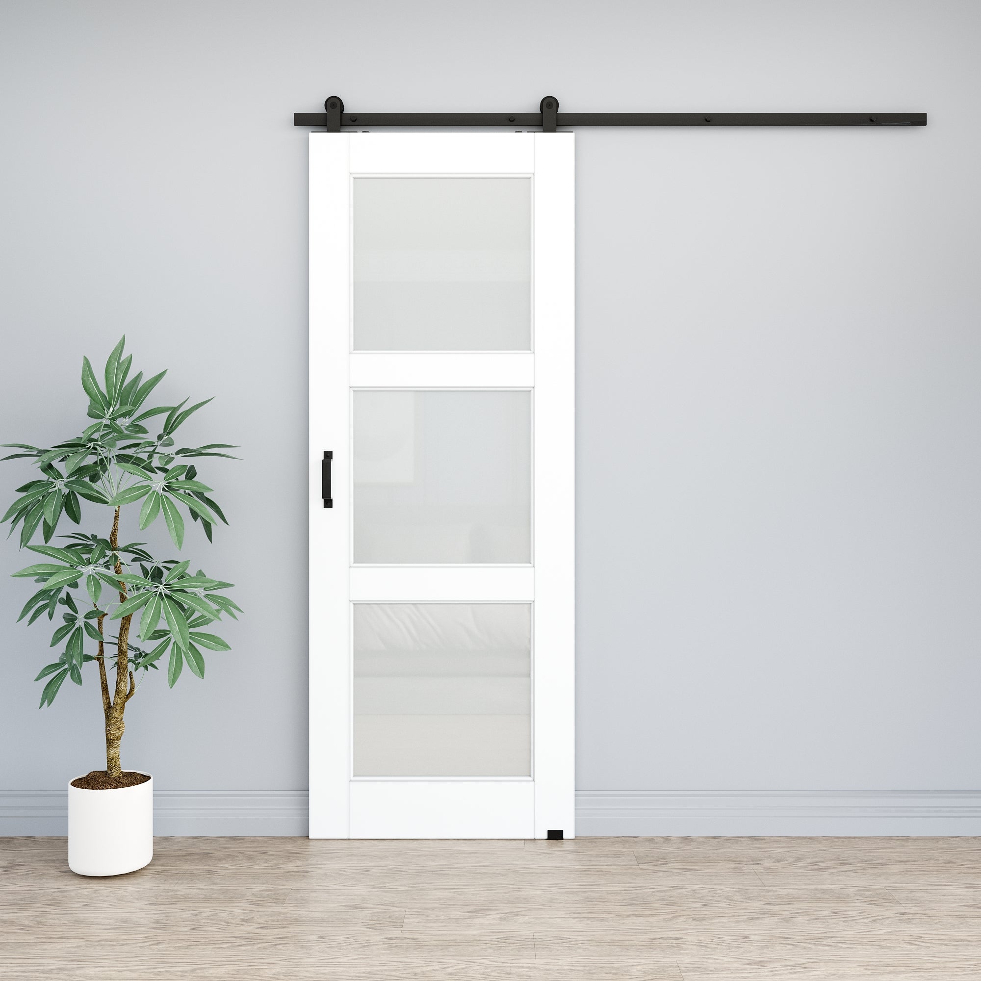 Ark Design 3-Lite Tempered Frosted Glass White Primed MDF Top Mounted Composite Sliding Barn Door with Hardware Kit
