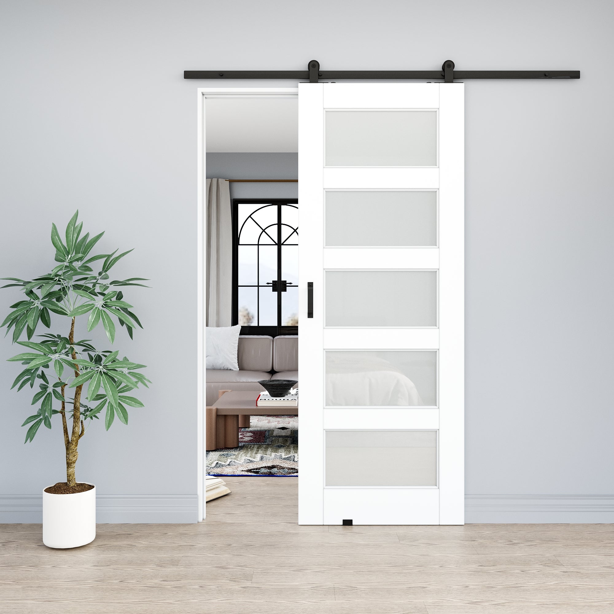 Ark Design 5-Lite Tempered Frosted Glass White Primed MDF Top Mounted Composite Sliding Barn Door with Hardware Kit