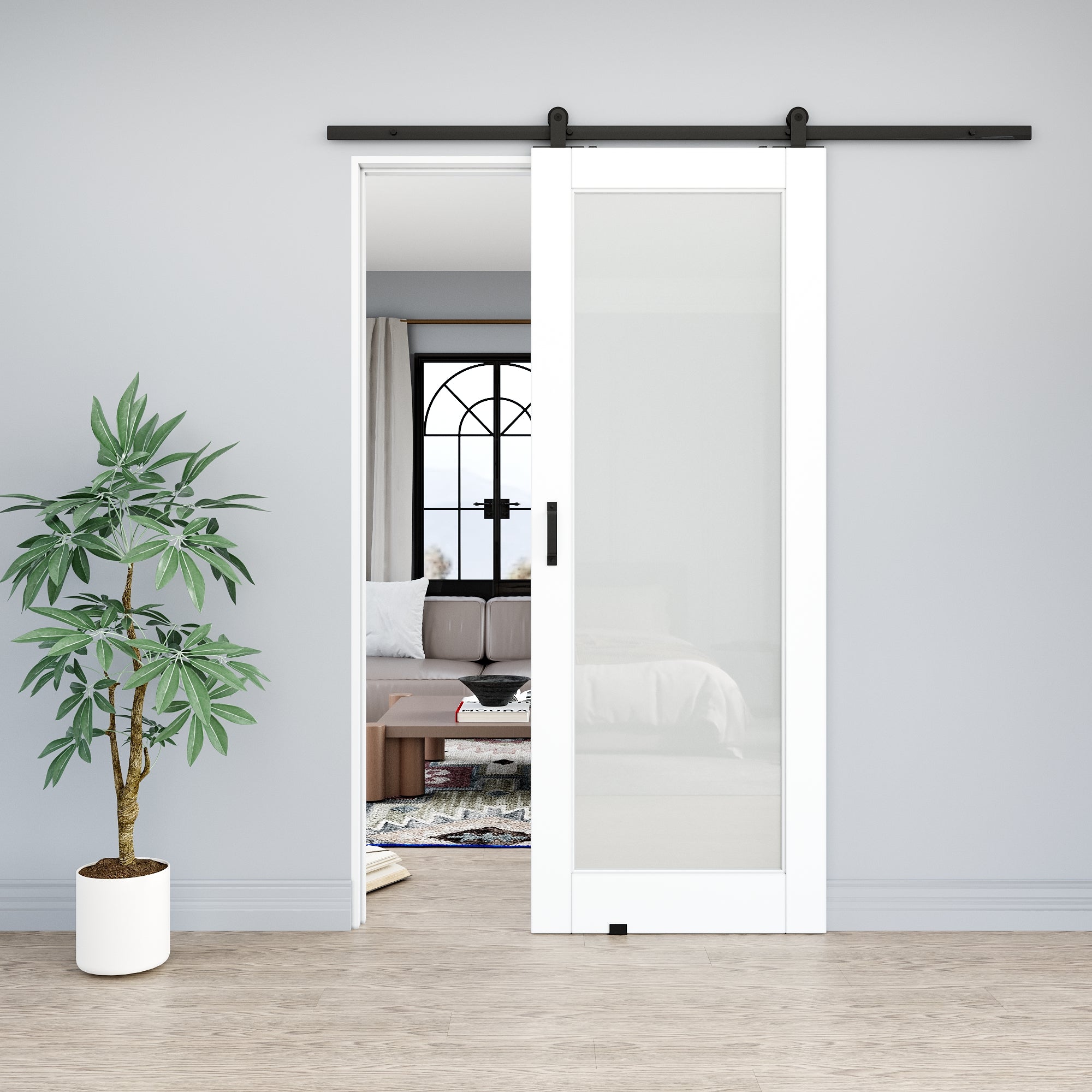 Ark Design 1-Lite Tempered Frosted Glass White Primed MDF Top Mounted Composite Sliding Barn Door with Hardware Kit