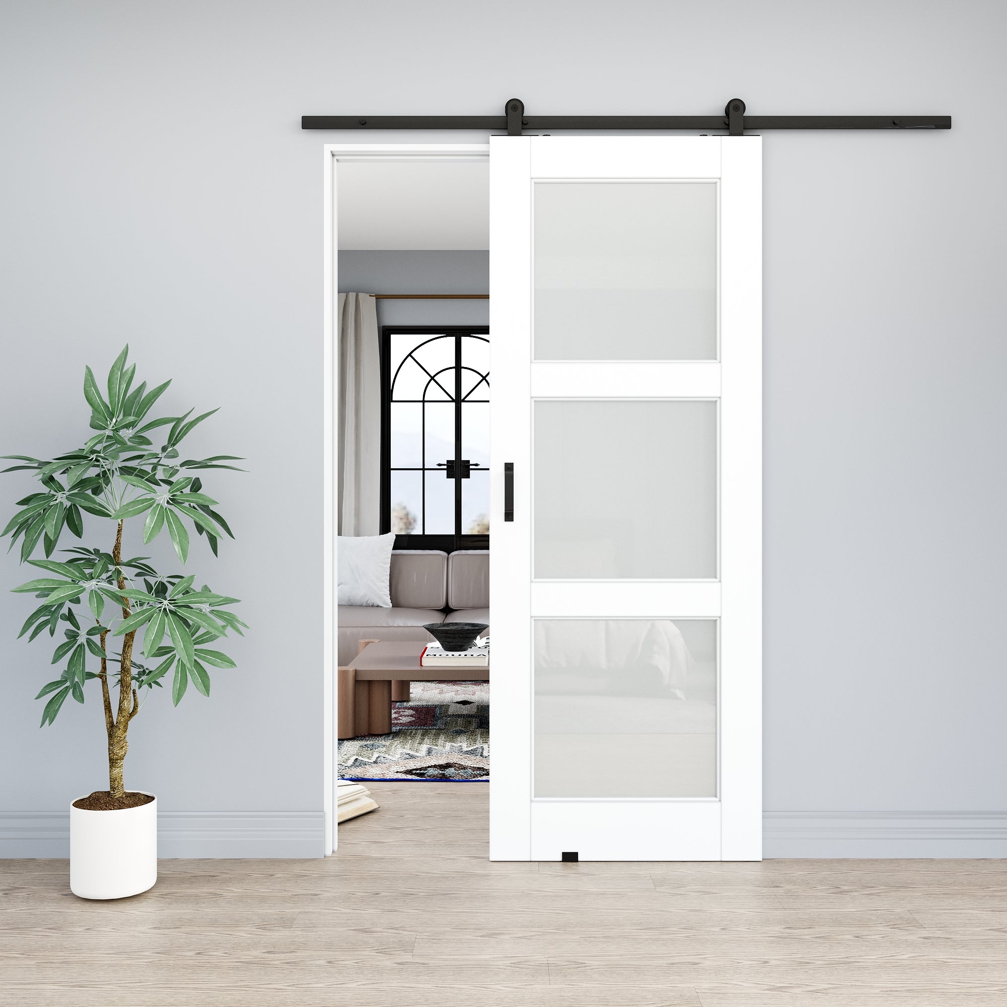 Ark Design 3-Lite Tempered Frosted Glass White Primed MDF Top Mounted Composite Sliding Barn Door with Hardware Kit