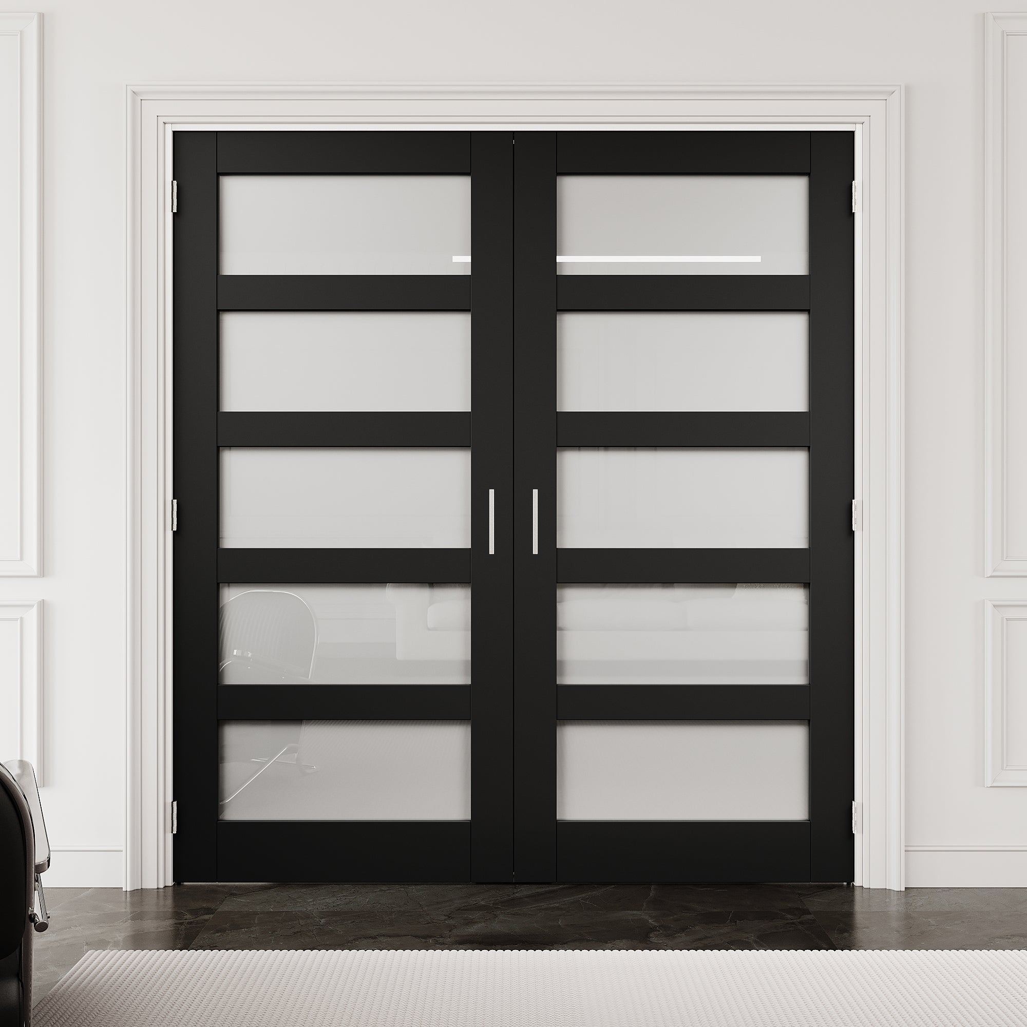 [Silver Ball Catch Double Doors without Jamb] 5-Lite Frosted Glass Black Solid Core Glass French Door Panels with Sliver Ball Catch & Handles & Hinges, Jamb Not Included