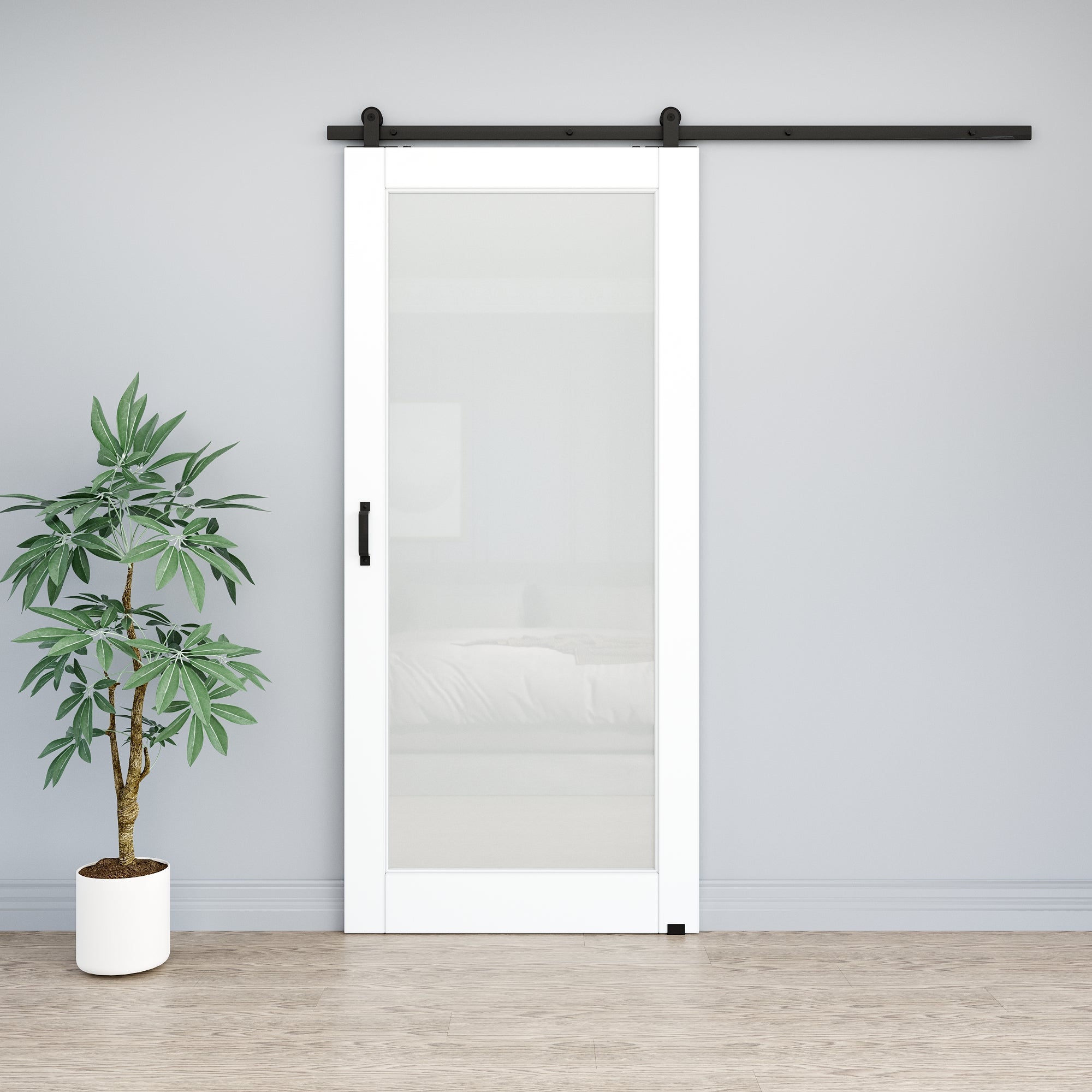 Ark Design 1-Lite Tempered Frosted Glass White Primed MDF Top Mounted Composite Sliding Barn Door with Hardware Kit