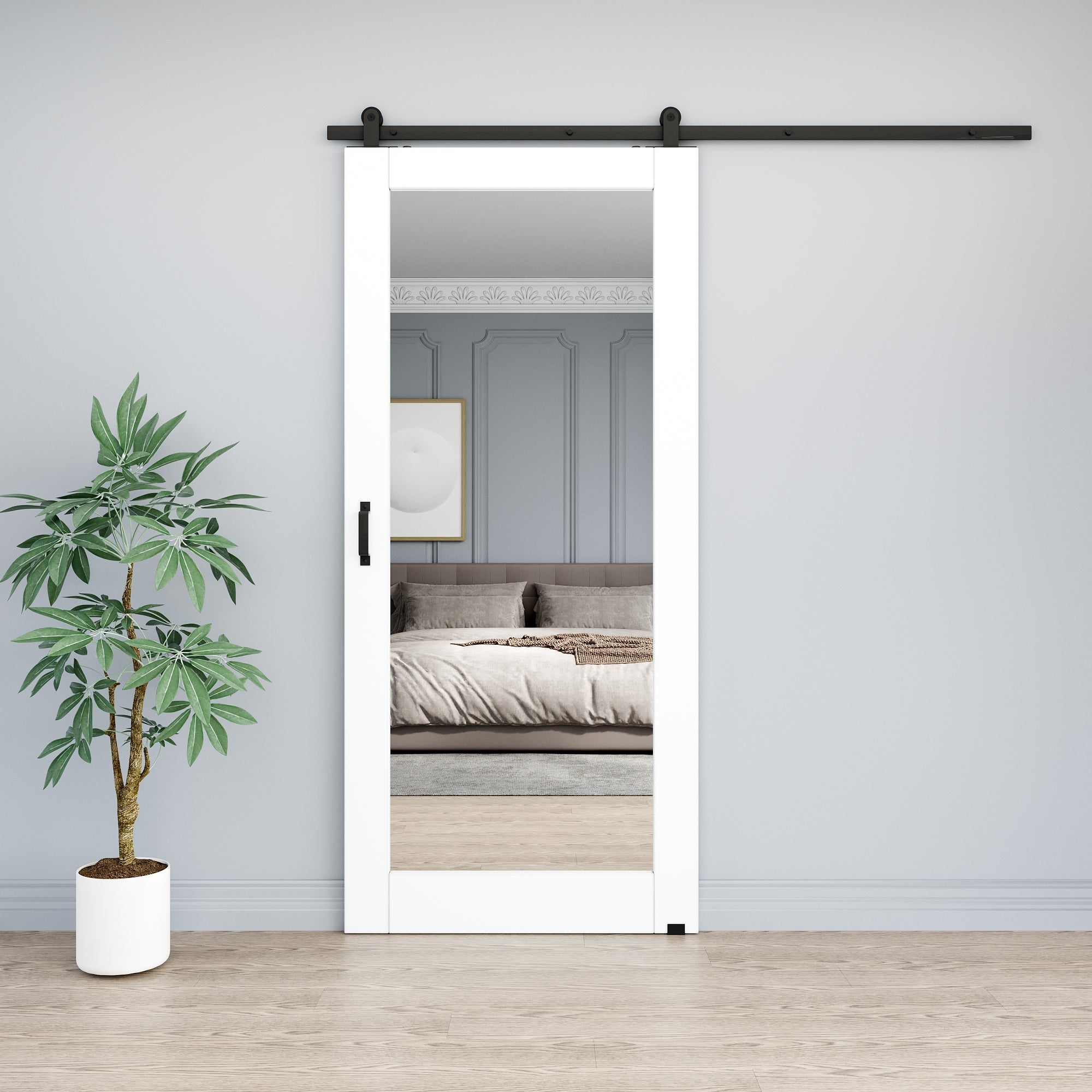 Ark Design 1-Lite Mirrored Glass White Primed Top Mounted Sliding Barn Door with Hardware Kit