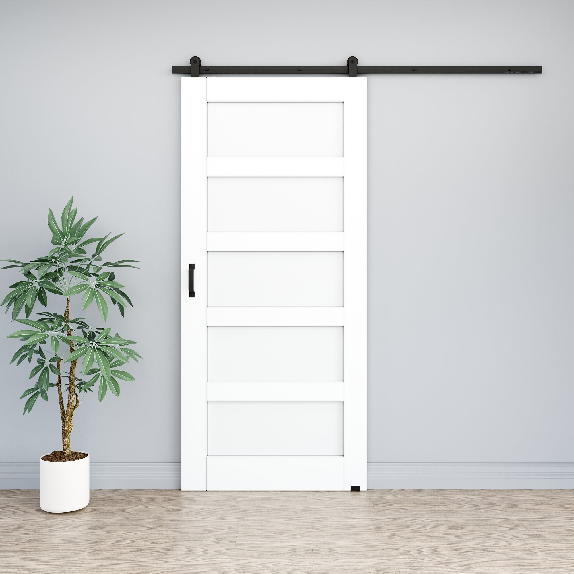 Ark Design 5-Lite Panel White Primed Paneled MDF Top Mounted Sliding Barn Door with Hardware Kit