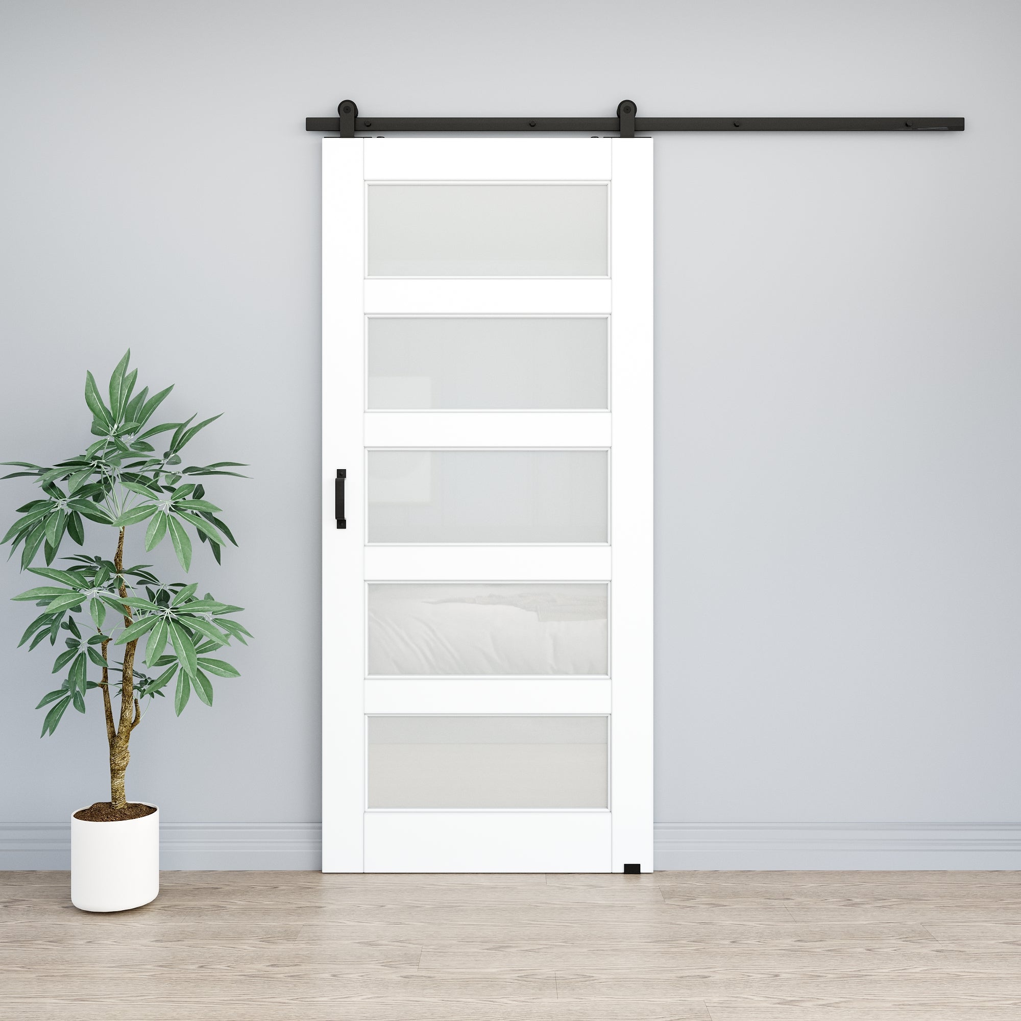 Ark Design 5-Lite Tempered Frosted Glass White Primed MDF Top Mounted Composite Sliding Barn Door with Hardware Kit
