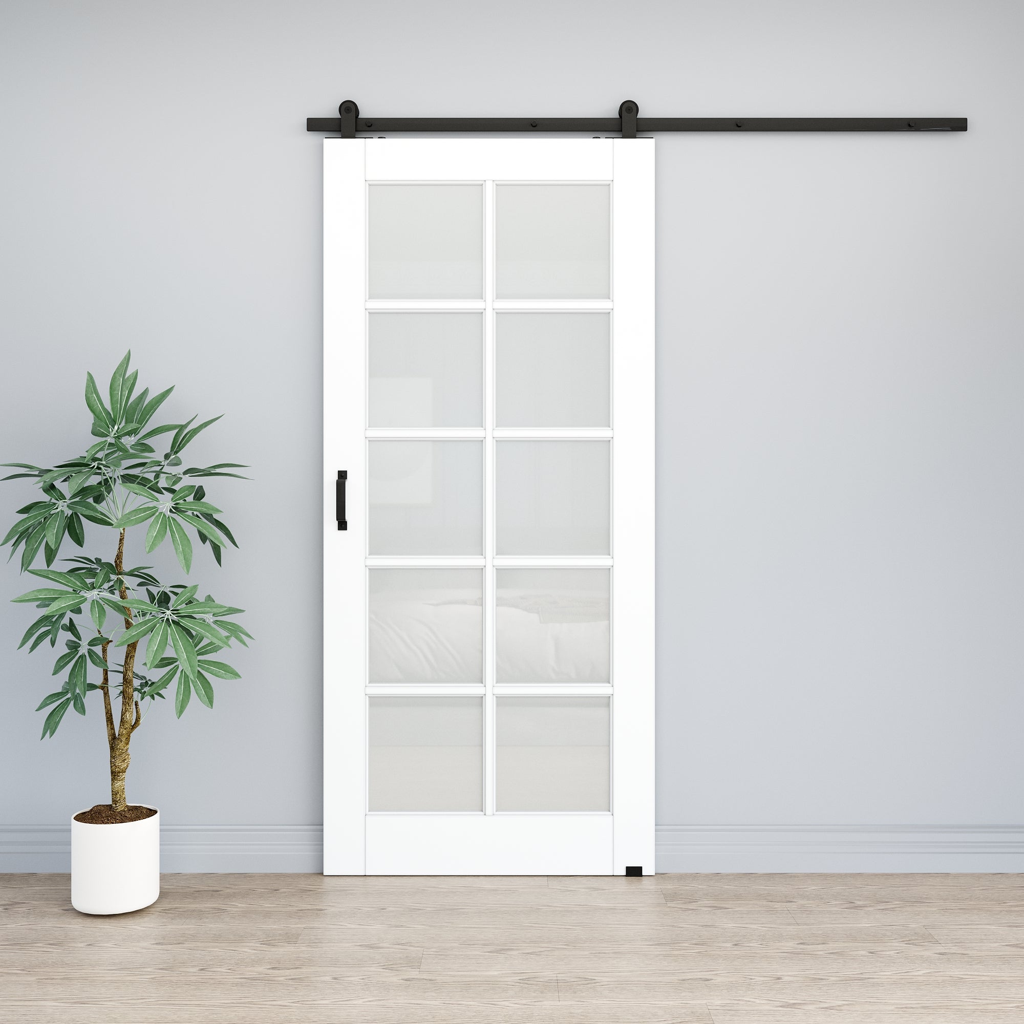 Ark Design 10-Lite Tempered Frosted Glass White Primed MDF Top Mounted Composite Sliding Barn Door with Hardware Kit