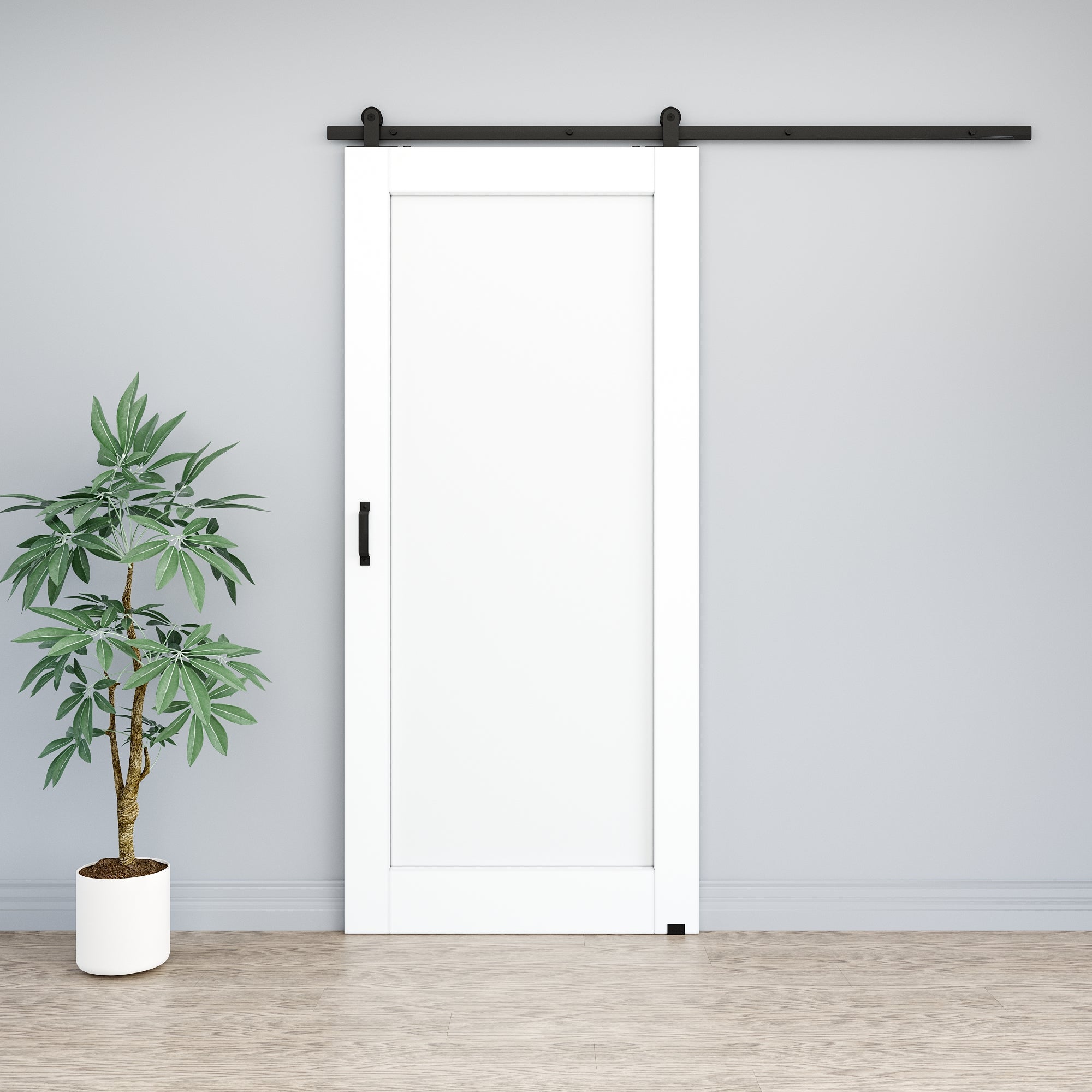 Ark Design 1-Lite Panel White Primed Paneled MDF Top Mounted Sliding Barn Door with Hardware Kit