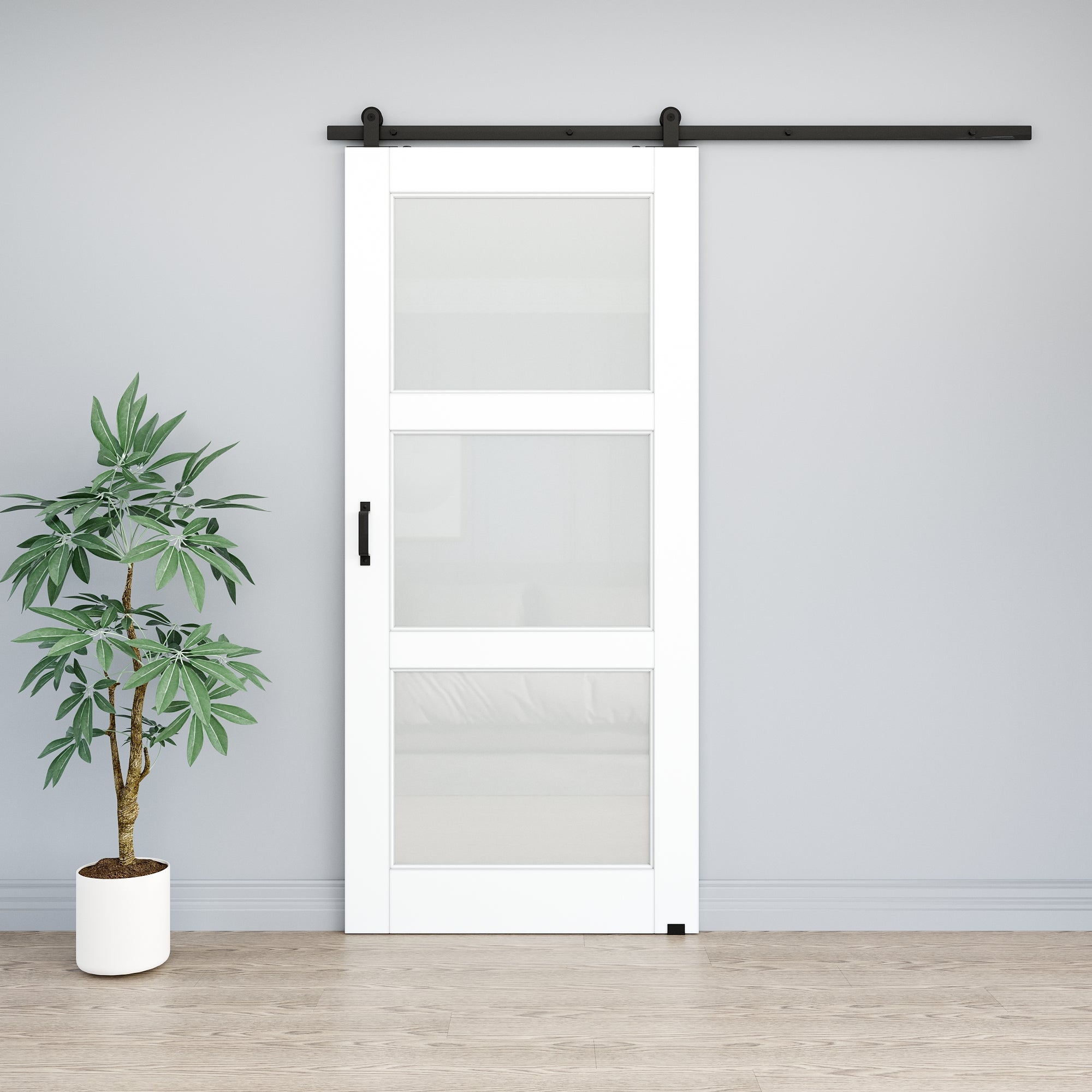 Ark Design 3-Lite Tempered Frosted Glass White Primed MDF Top Mounted Composite Sliding Barn Door with Hardware Kit