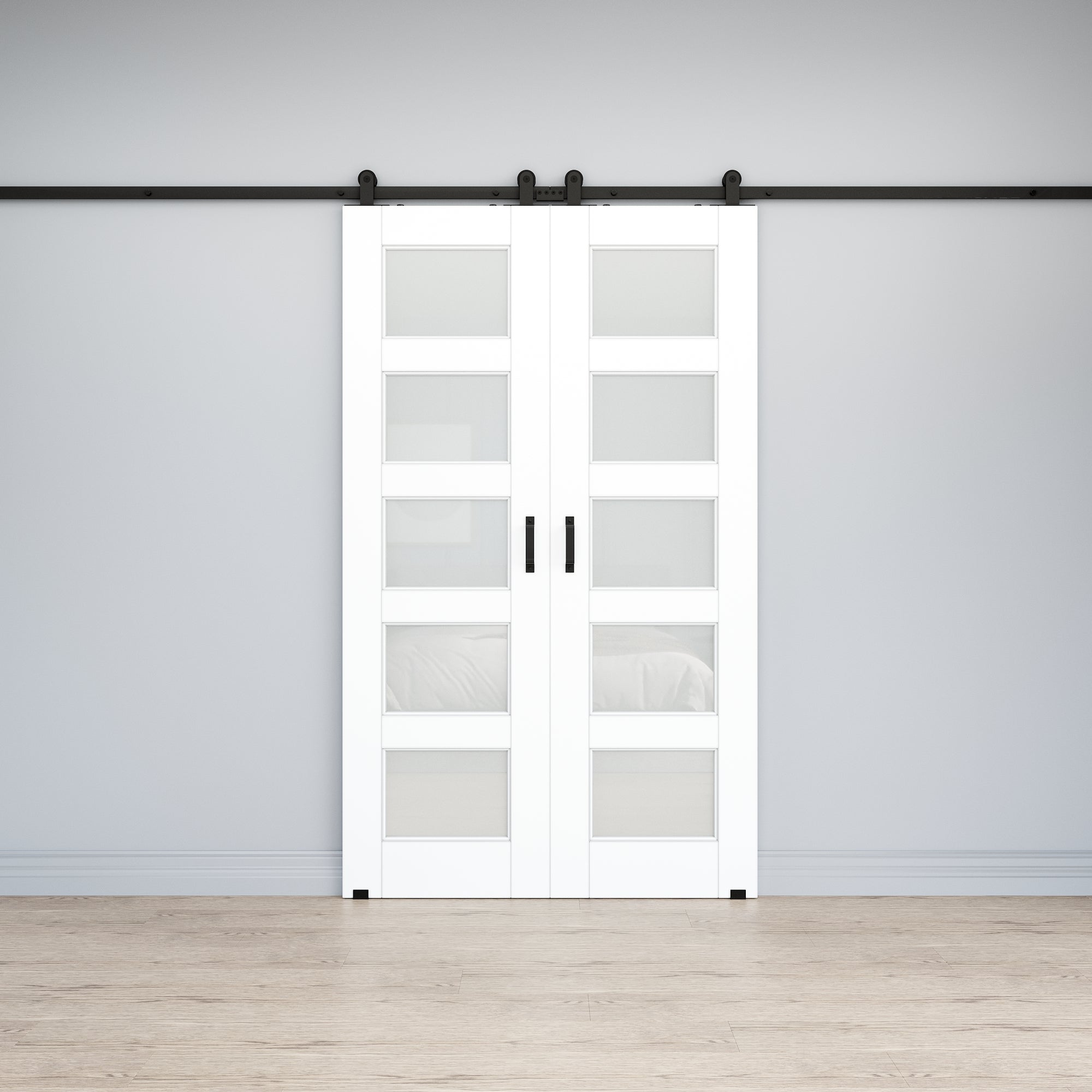 Ark Design 5-Lite Tempered Frosted Glass White Primed MDF Top Mounted Composite Double Sliding Barn Doors with Hardware Kit