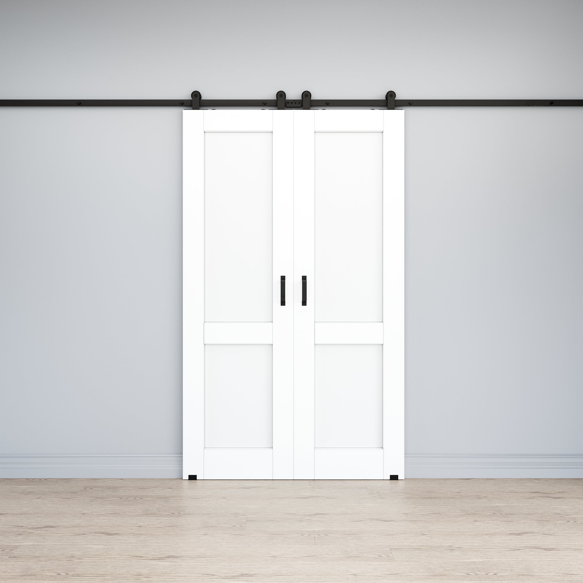 Ark Design 2-Lite Panel White Primed Paneled MDF Top Mounted Double Sliding Barn Doors with Hardware Kit
