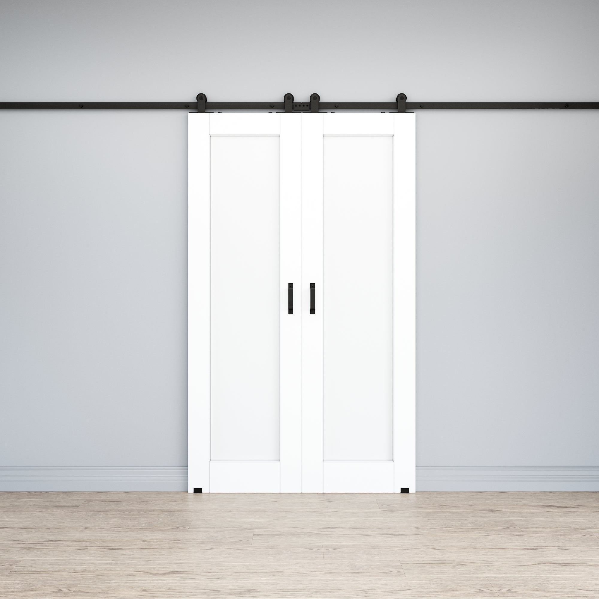 Ark Design 1-Lite Panel White Primed Paneled MDF Top Mounted Double Sliding Barn Doors with Hardware Kit