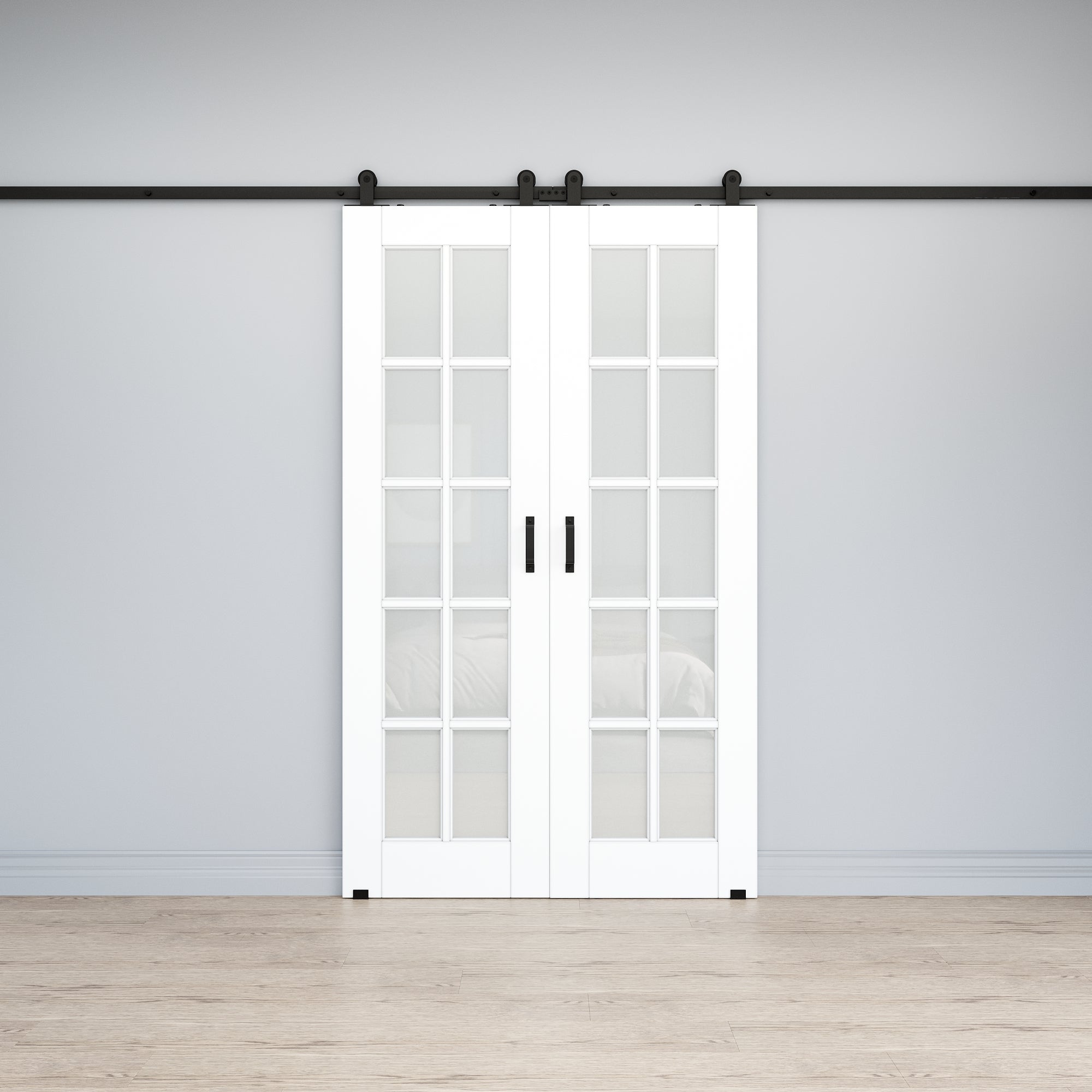 Ark Design 10-Lite Tempered Frosted Glass White Primed MDF Top Mounted Composite Double Sliding Barn Doors with Hardware Kit