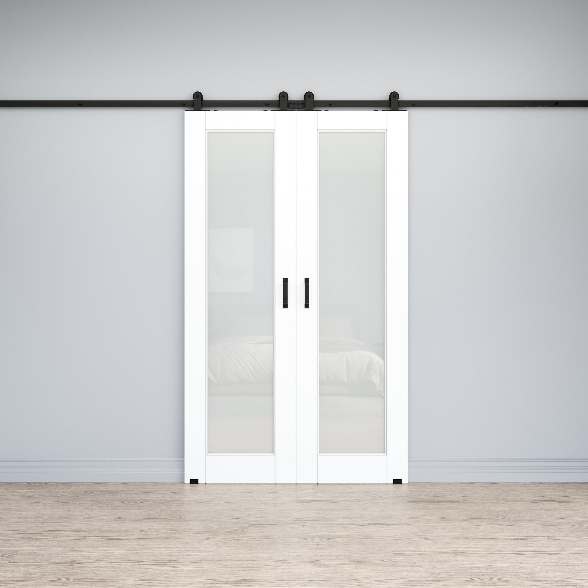 Ark Design 1-Lite Tempered Frosted Glass White Primed MDF Top Mounted Composite Double Sliding Barn Doors with Hardware Kit