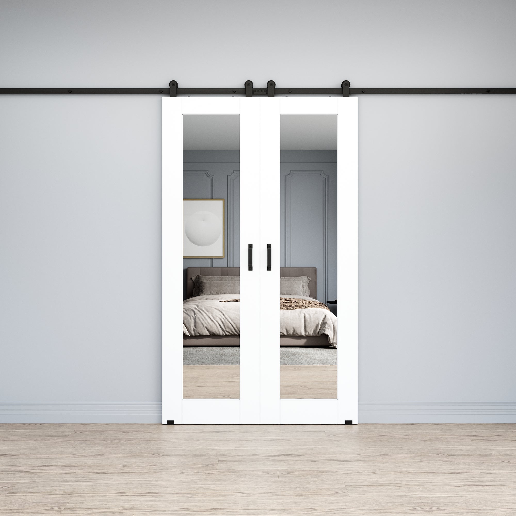 Ark Design 1-Lite Mirrored Glass White Primed Top Mounted  Double Sliding Barn Doors with Hardware Kit
