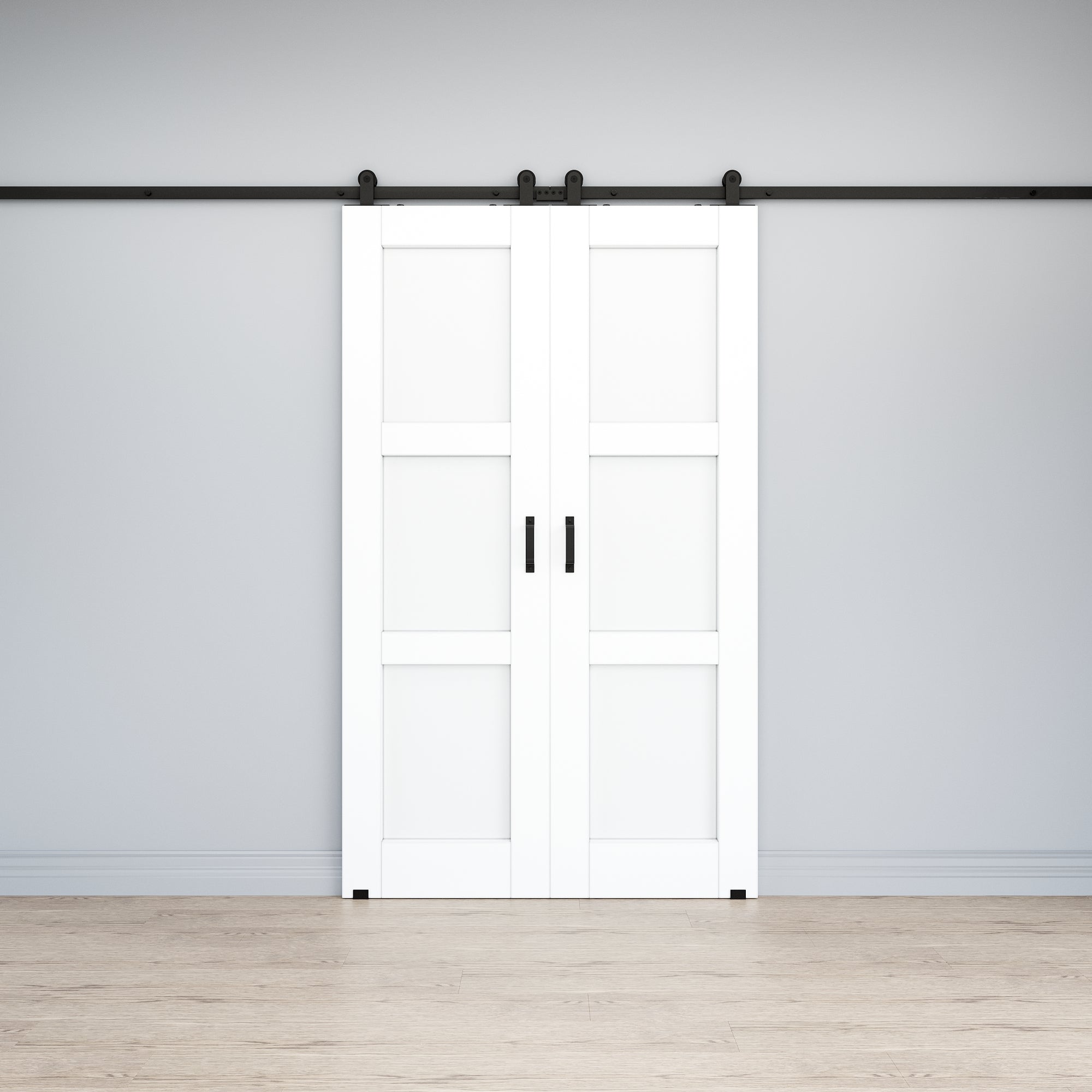 Ark Design 3-Lite Panel White Primed Paneled MDF Top Mounted Double Sliding Barn Doors with Hardware Kit