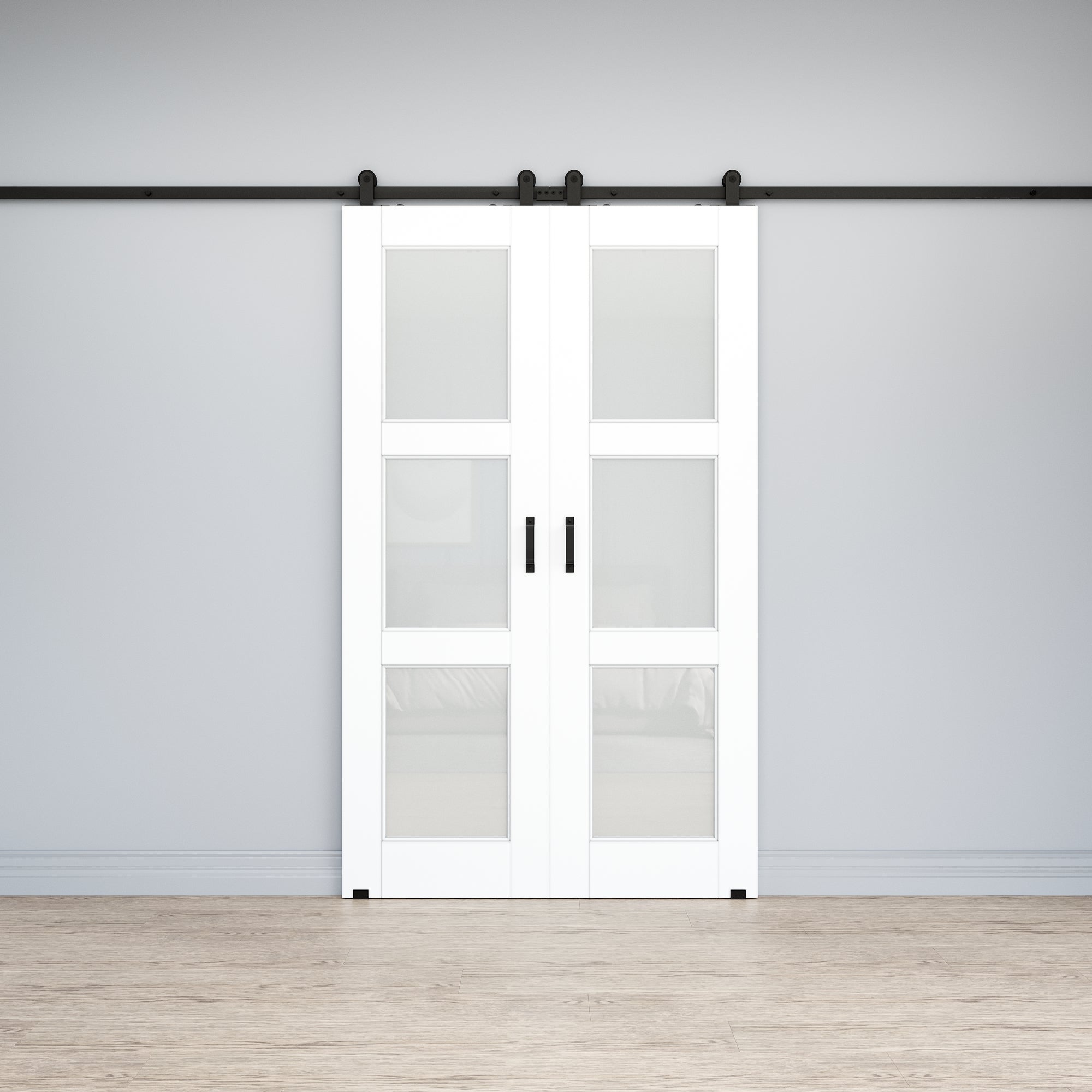 Ark Design 3-Lite Tempered Frosted Glass White Primed MDF Top Mounted Composite Double Sliding Barn Doors with Hardware Kit