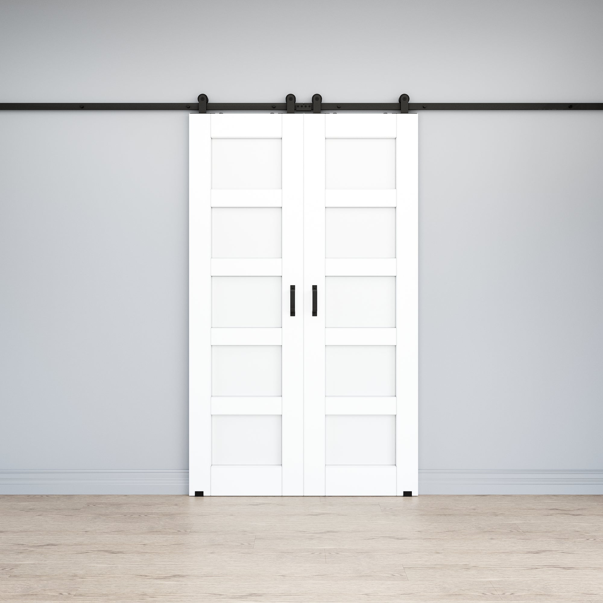 Ark Design 5-Lite Panel White Primed Paneled MDF Top Mounted Double Sliding Barn Doors with Hardware Kit