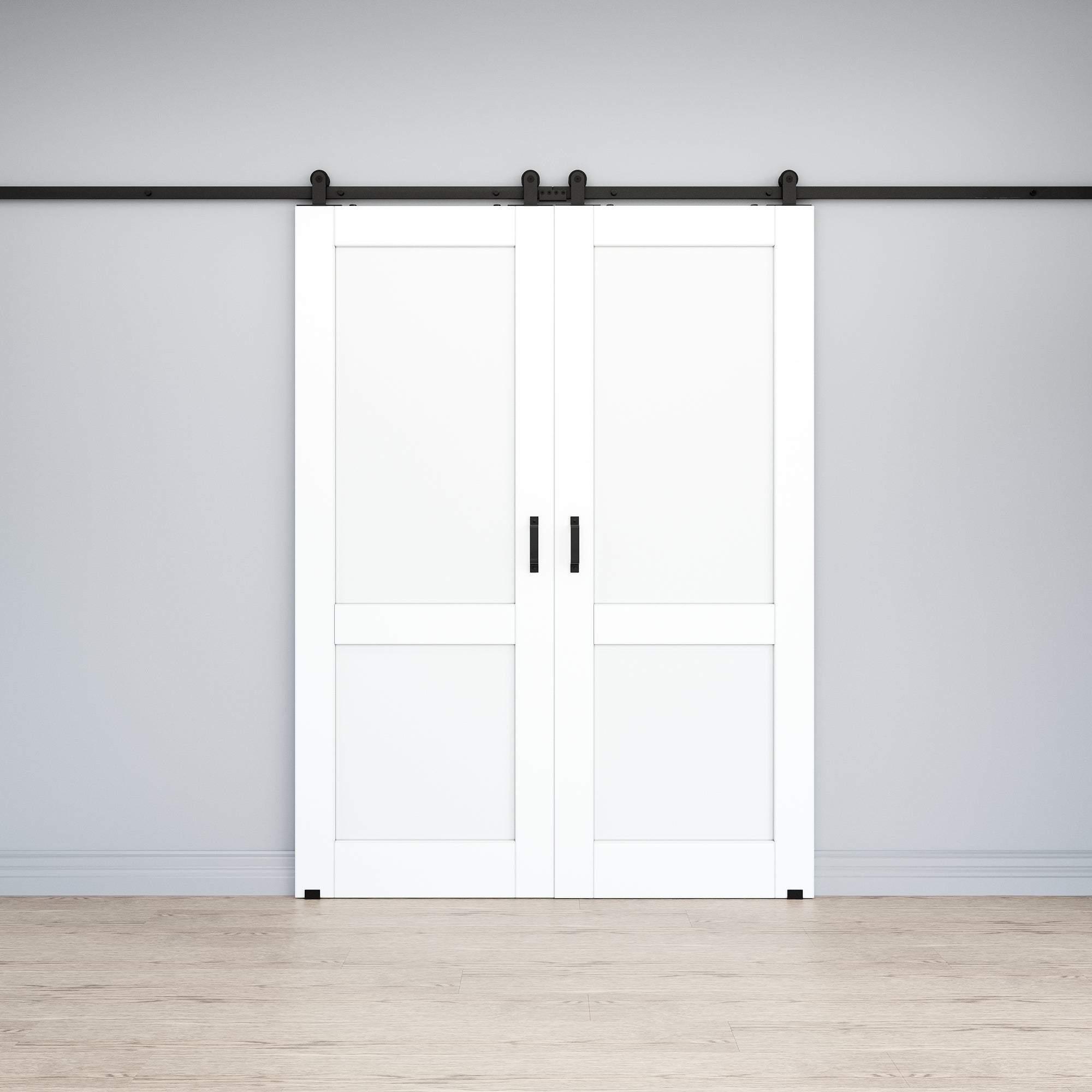Ark Design 2-Lite Panel White Primed Paneled MDF Top Mounted Double Sliding Barn Doors with Hardware Kit