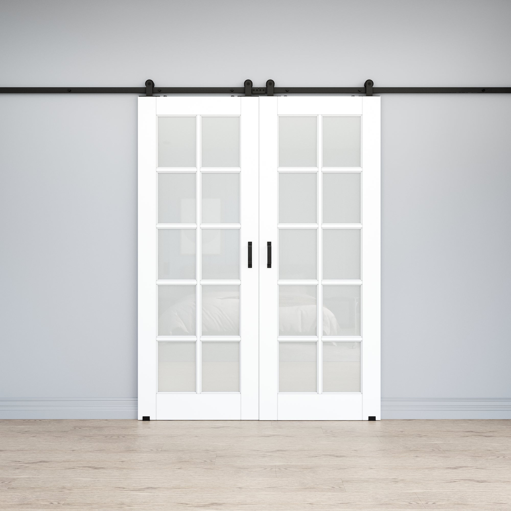 Ark Design 10-Lite Tempered Frosted Glass White Primed MDF Top Mounted Composite Double Sliding Barn Doors with Hardware Kit