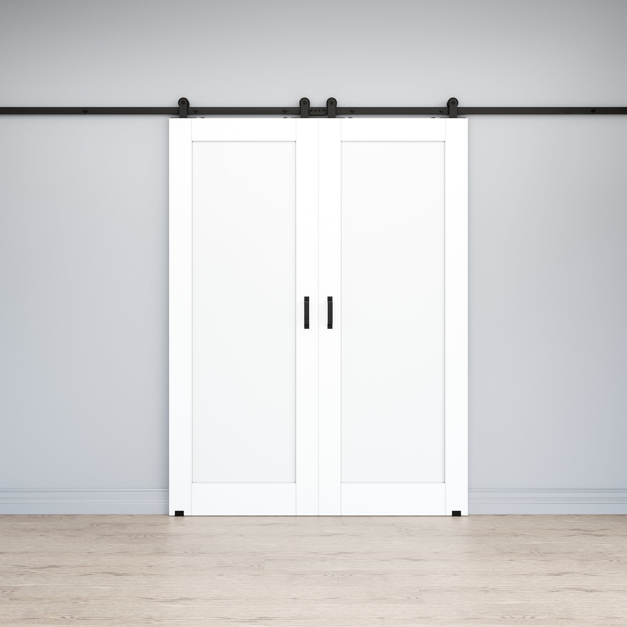 Ark Design 1-Lite Panel White Primed Paneled MDF Top Mounted Double Sliding Barn Doors with Hardware Kit