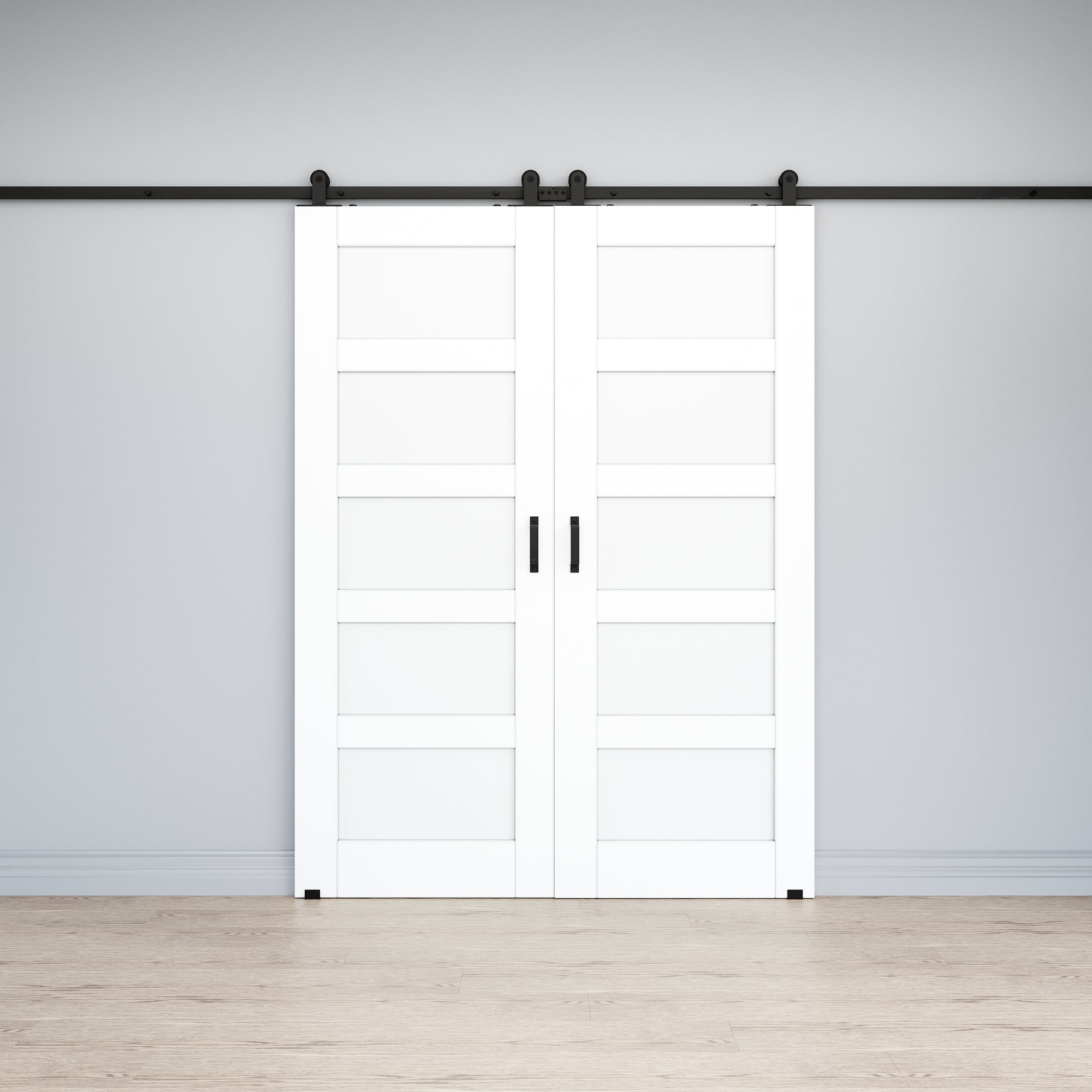 Ark Design 5-Lite Panel White Primed Paneled MDF Top Mounted Double Sliding Barn Doors with Hardware Kit