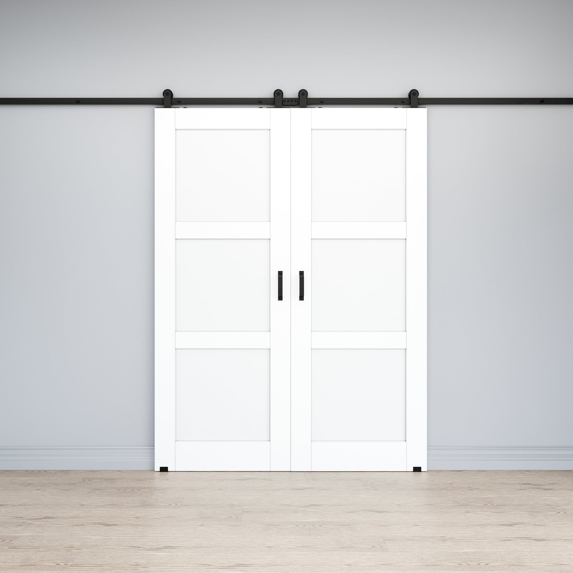 Ark Design 3-Lite Panel White Primed Paneled MDF Top Mounted Double Sliding Barn Doors with Hardware Kit