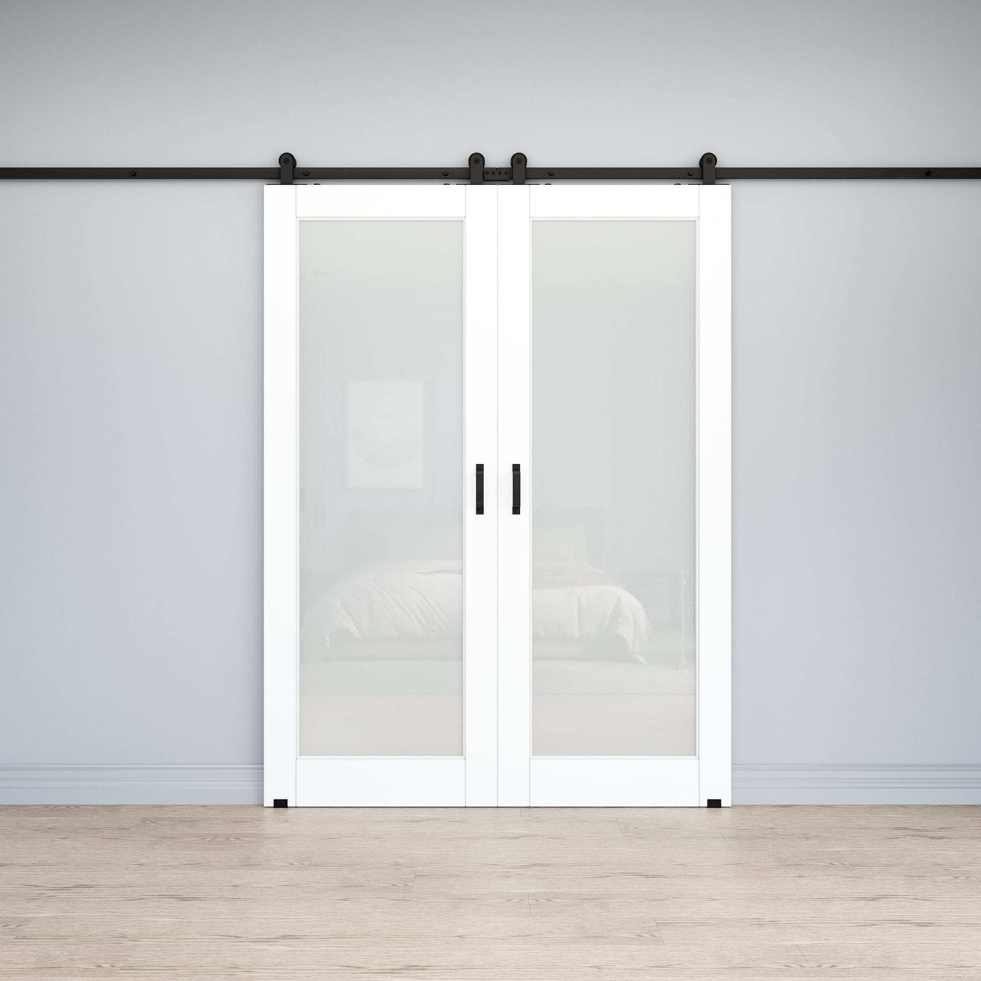 Ark Design 1-Lite Tempered Frosted Glass White Primed MDF Top Mounted Composite Double Sliding Barn Doors with Hardware Kit