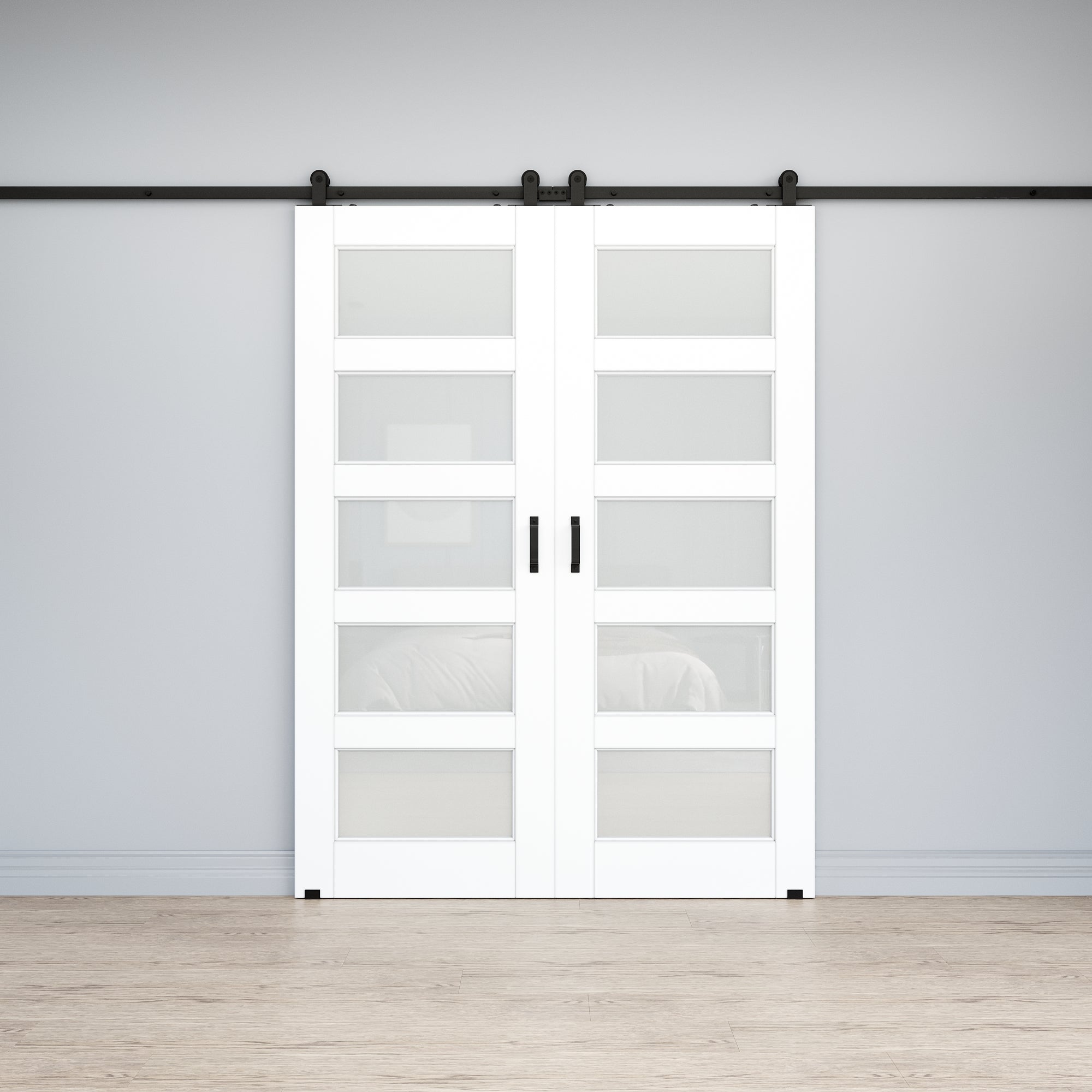 Ark Design 5-Lite Tempered Frosted Glass White Primed MDF Top Mounted Composite Double Sliding Barn Doors with Hardware Kit