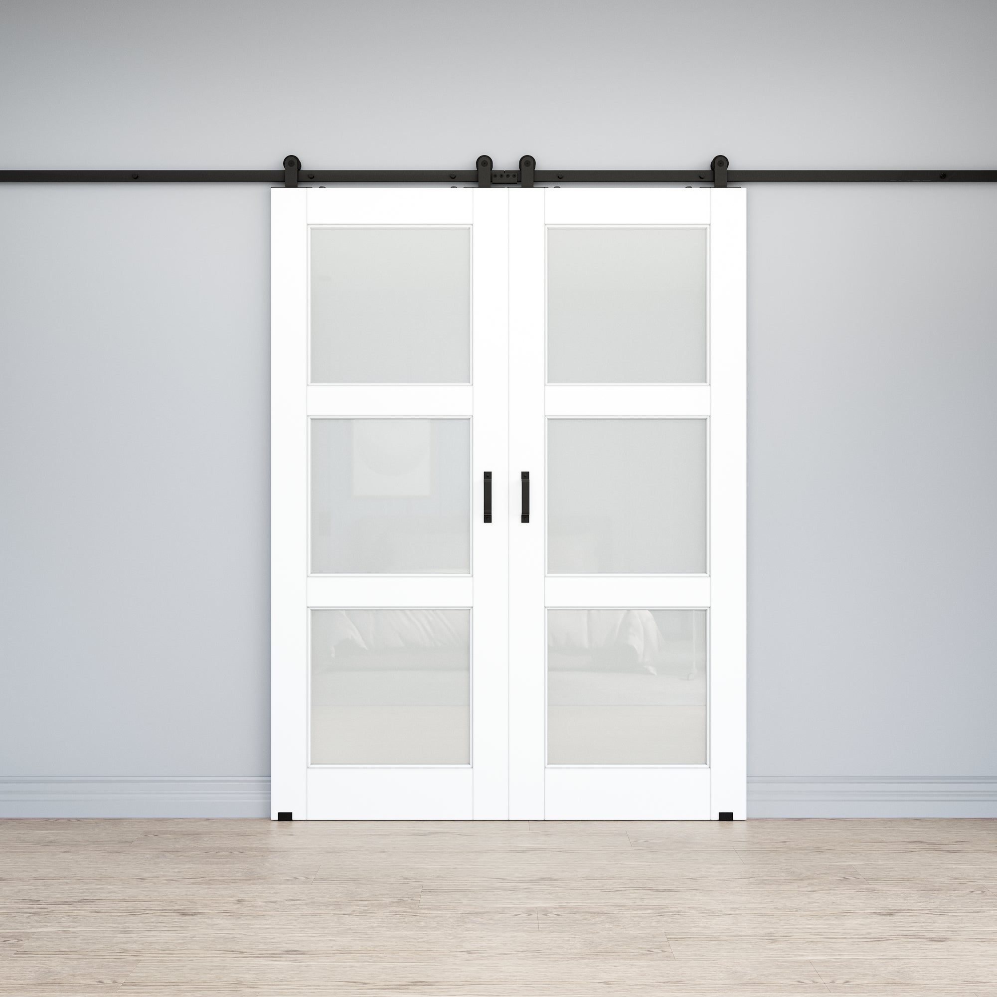 Ark Design 3-Lite Tempered Frosted Glass White Primed MDF Top Mounted Composite Double Sliding Barn Doors with Hardware Kit