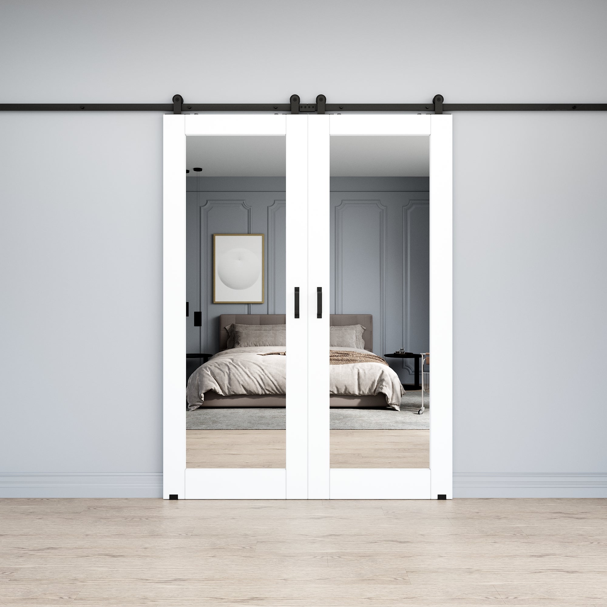 Ark Design 1-Lite Mirrored Glass White Primed Top Mounted  Double Sliding Barn Doors with Hardware Kit
