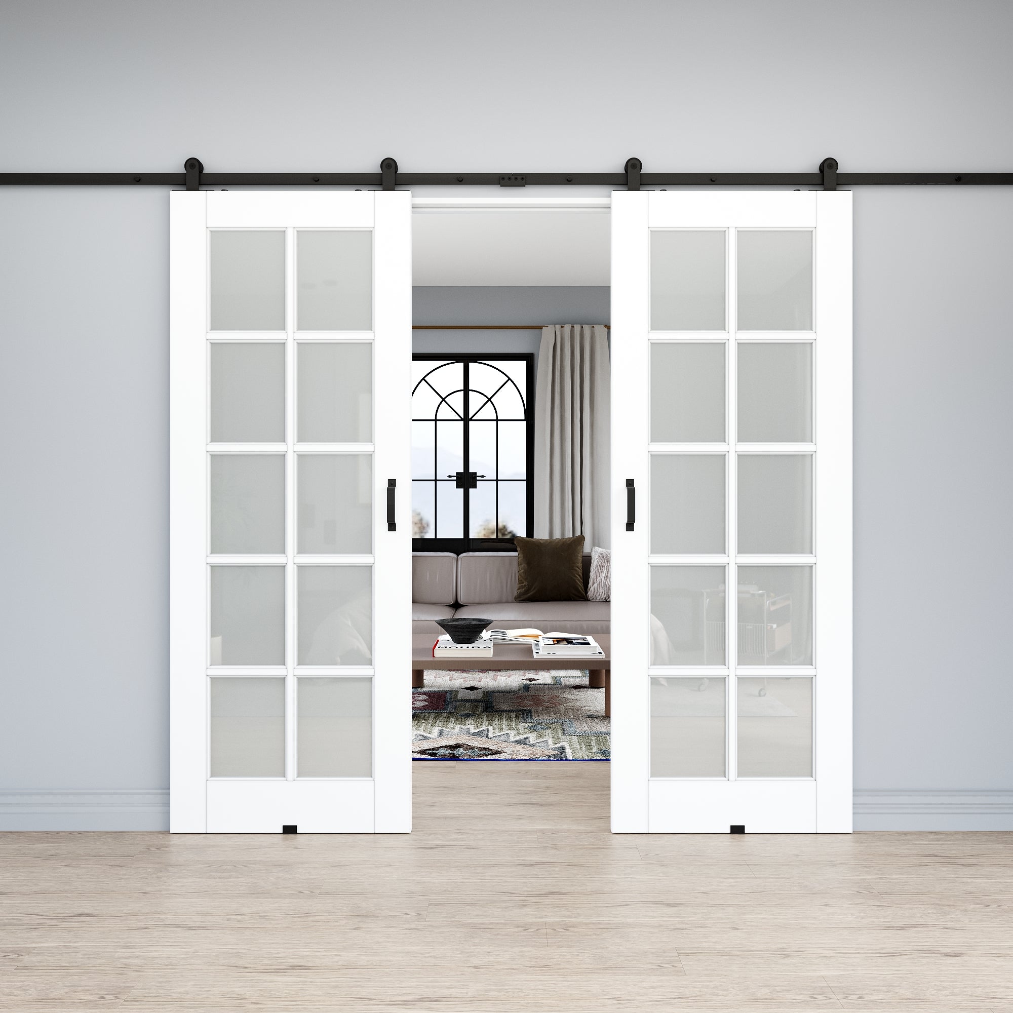Ark Design 10-Lite Tempered Frosted Glass White Primed MDF Top Mounted Composite Double Sliding Barn Doors with Hardware Kit