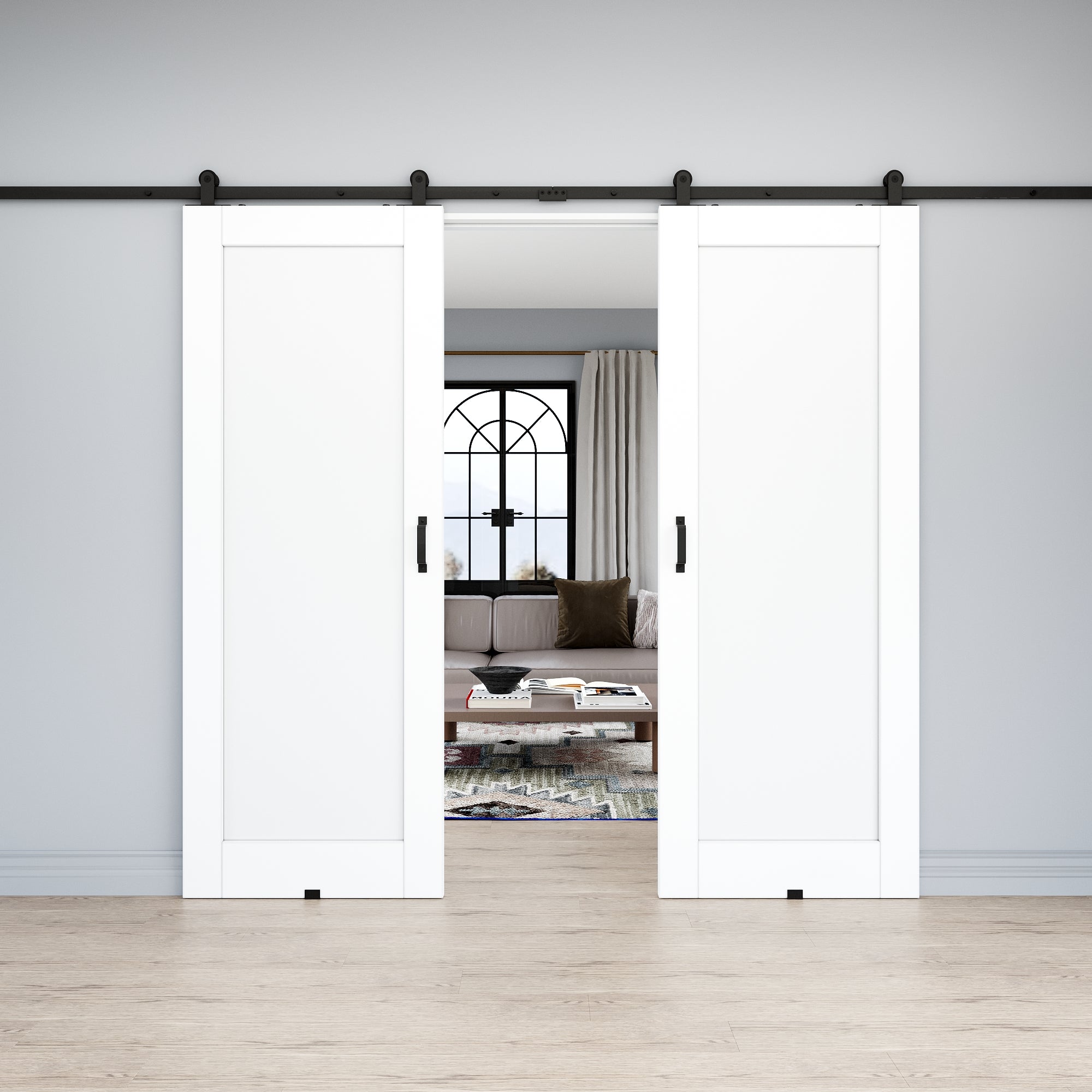 Ark Design 1-Lite Panel White Primed Paneled MDF Top Mounted Double Sliding Barn Doors with Hardware Kit