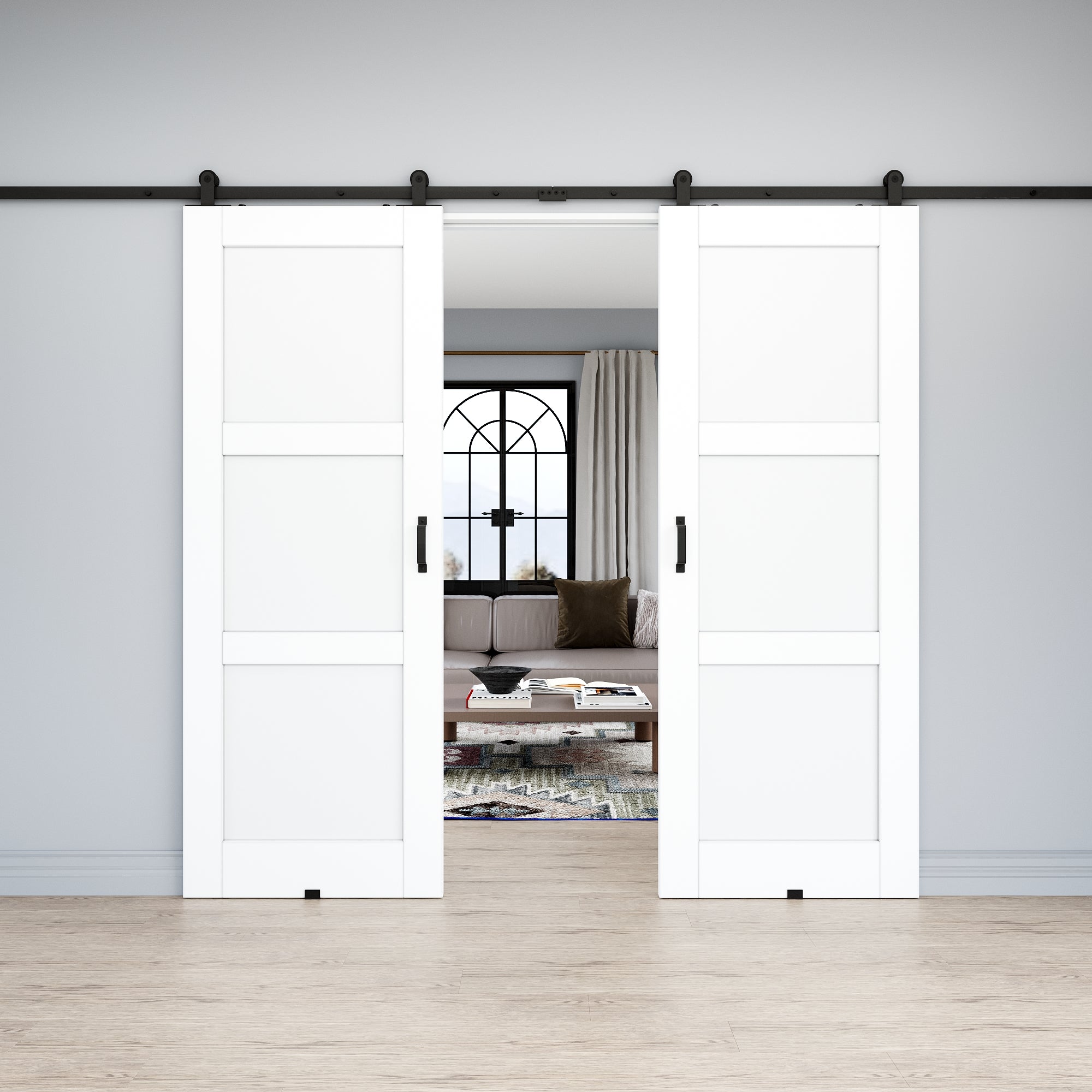 Ark Design 3-Lite Panel White Primed Paneled MDF Top Mounted Double Sliding Barn Doors with Hardware Kit