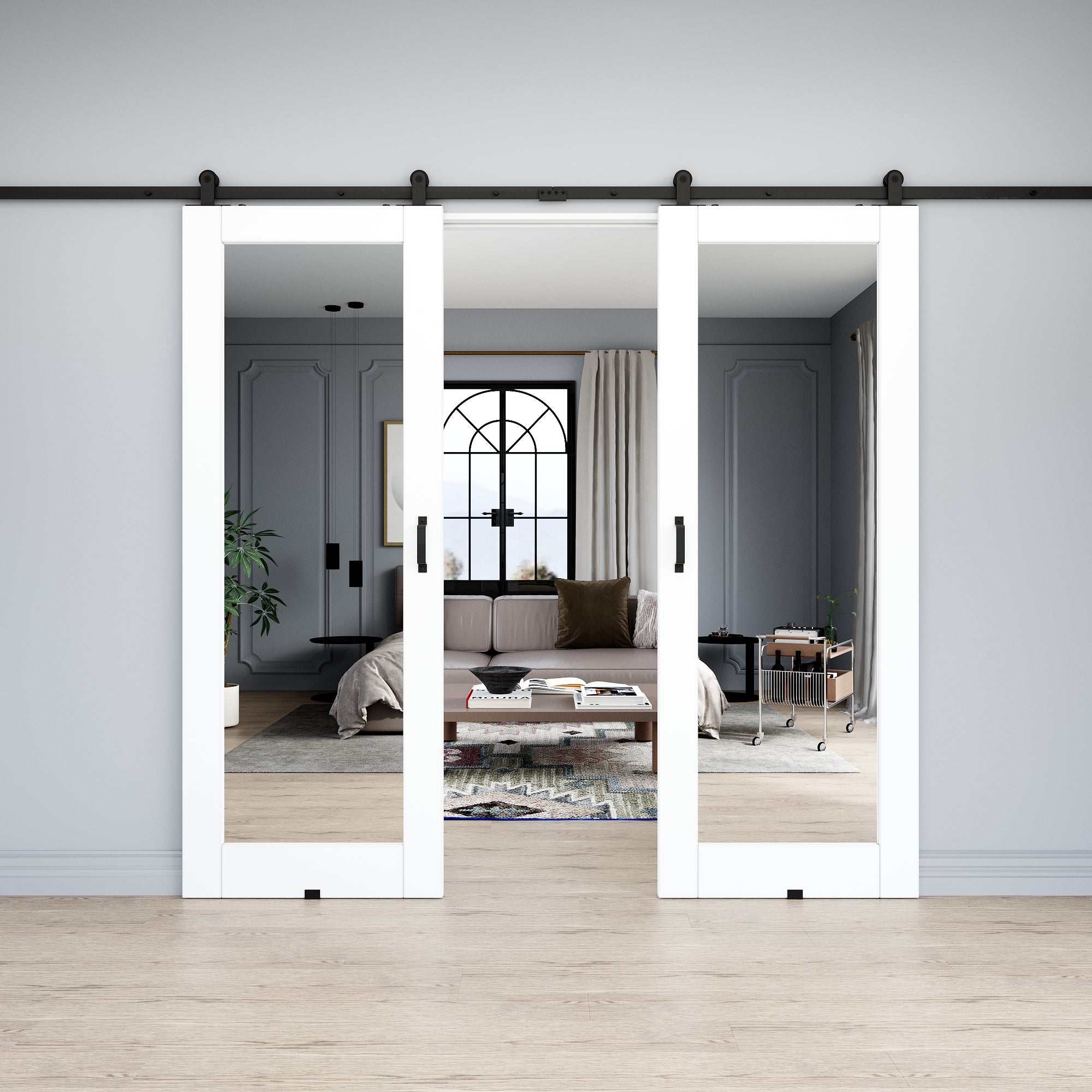 Ark Design 1-Lite Mirrored Glass White Primed Top Mounted  Double Sliding Barn Doors with Hardware Kit