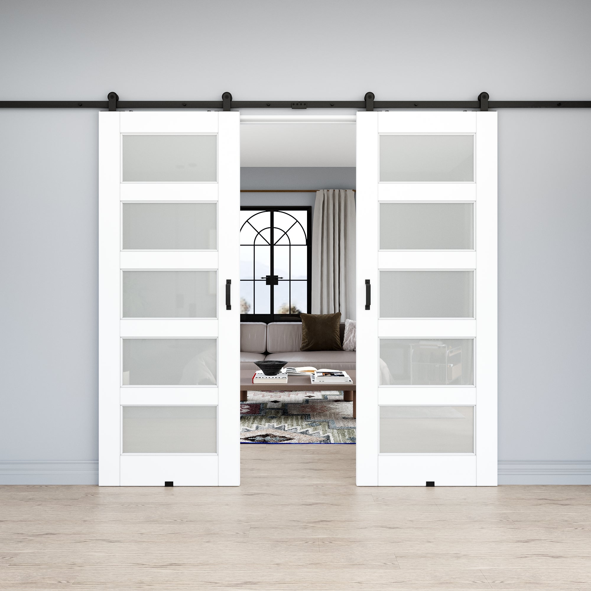 Ark Design 5-Lite Tempered Frosted Glass White Primed MDF Top Mounted Composite Double Sliding Barn Doors with Hardware Kit