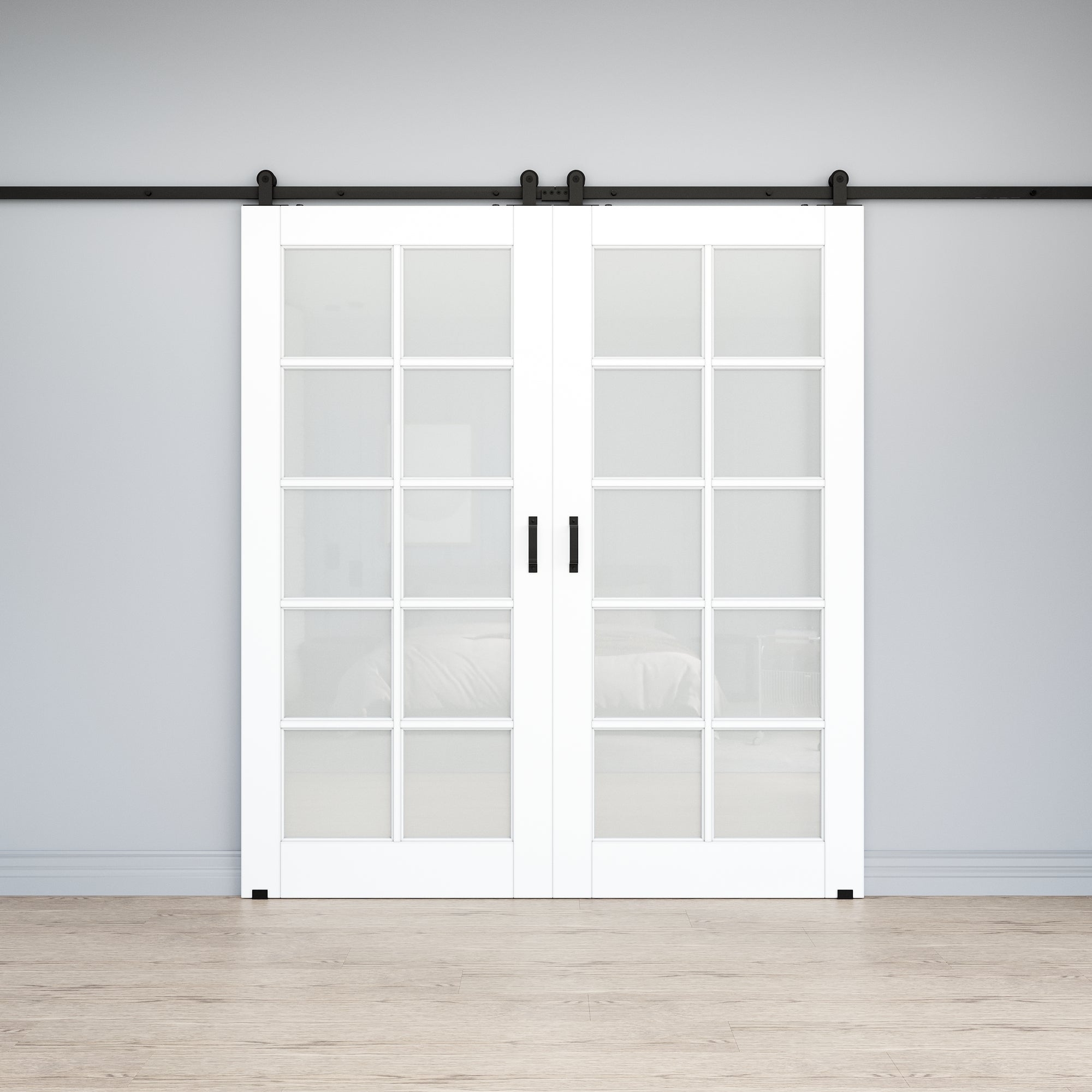 Ark Design 10-Lite Tempered Frosted Glass White Primed MDF Top Mounted Composite Double Sliding Barn Doors with Hardware Kit