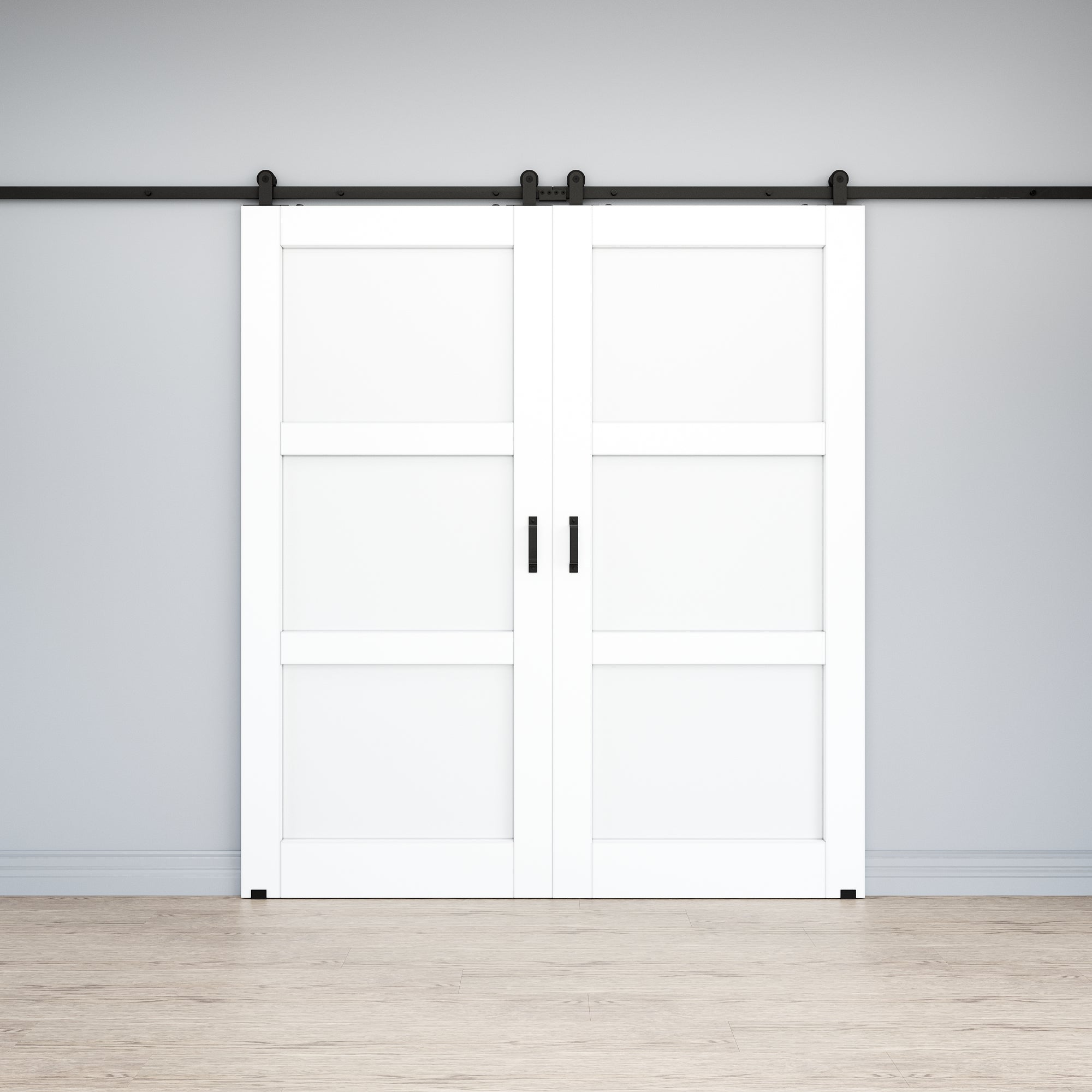 Ark Design 3-Lite Panel White Primed Paneled MDF Top Mounted Double Sliding Barn Doors with Hardware Kit