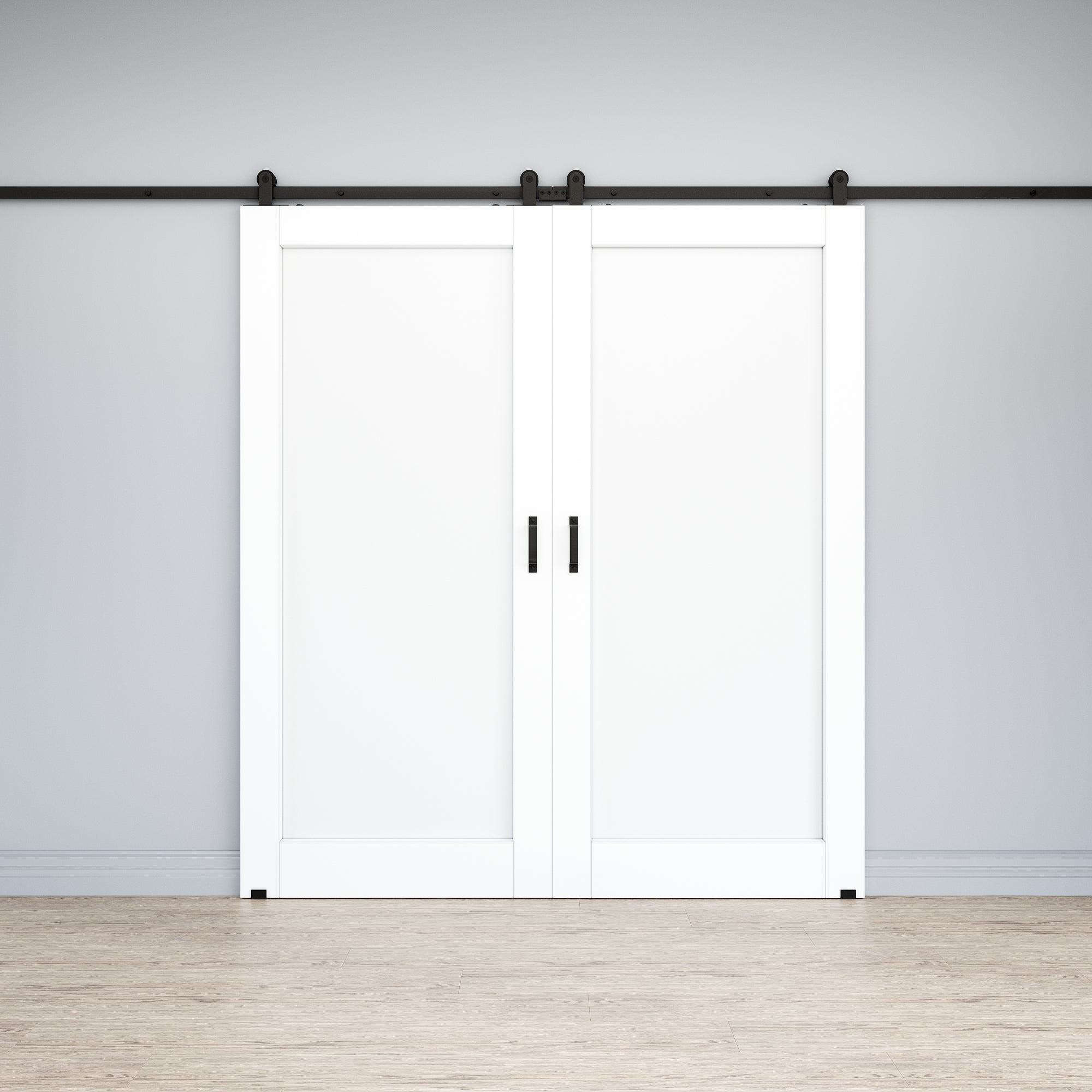 Ark Design 1-Lite Panel White Primed Paneled MDF Top Mounted Double Sliding Barn Doors with Hardware Kit