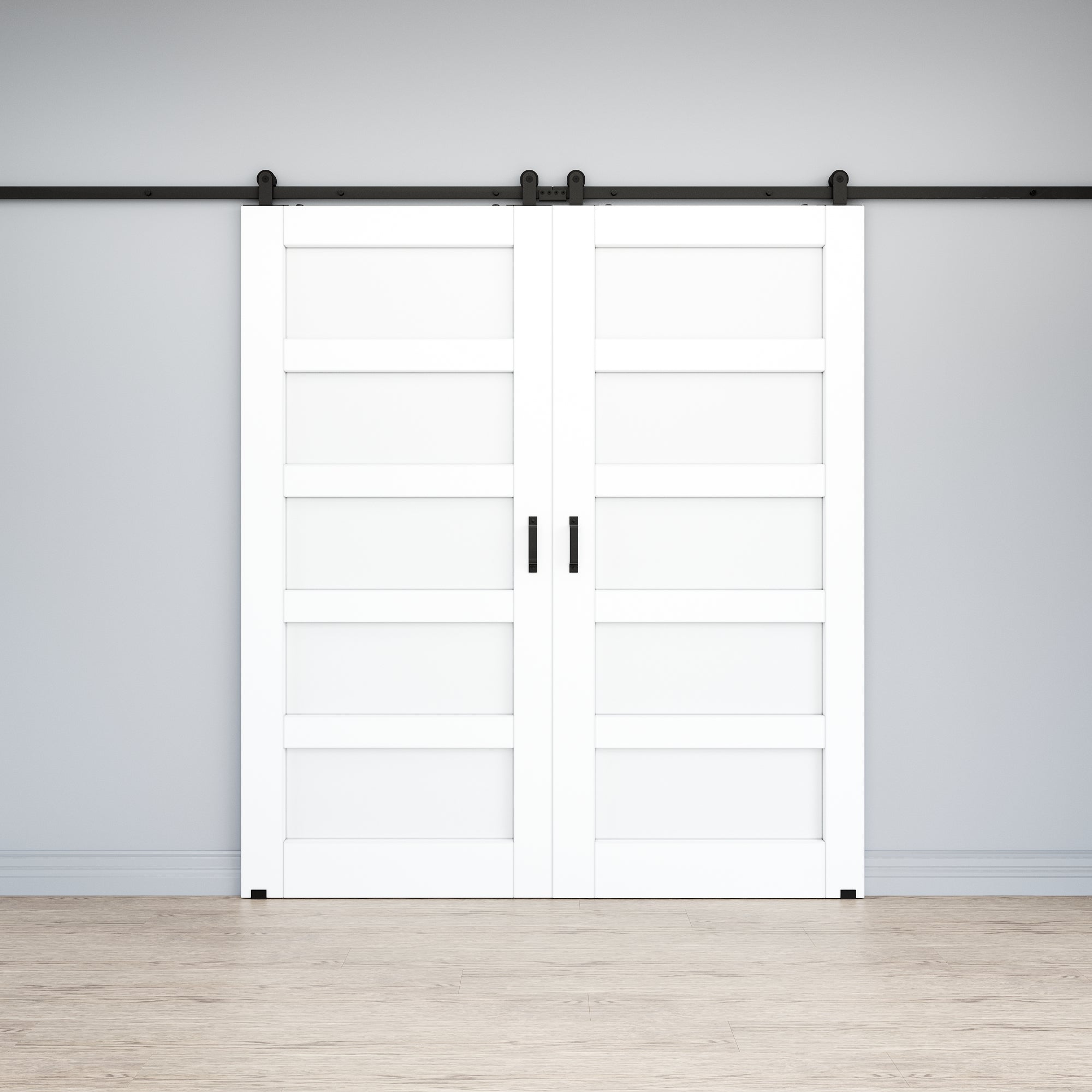 Ark Design 5-Lite Panel White Primed Paneled MDF Top Mounted Double Sliding Barn Doors with Hardware Kit