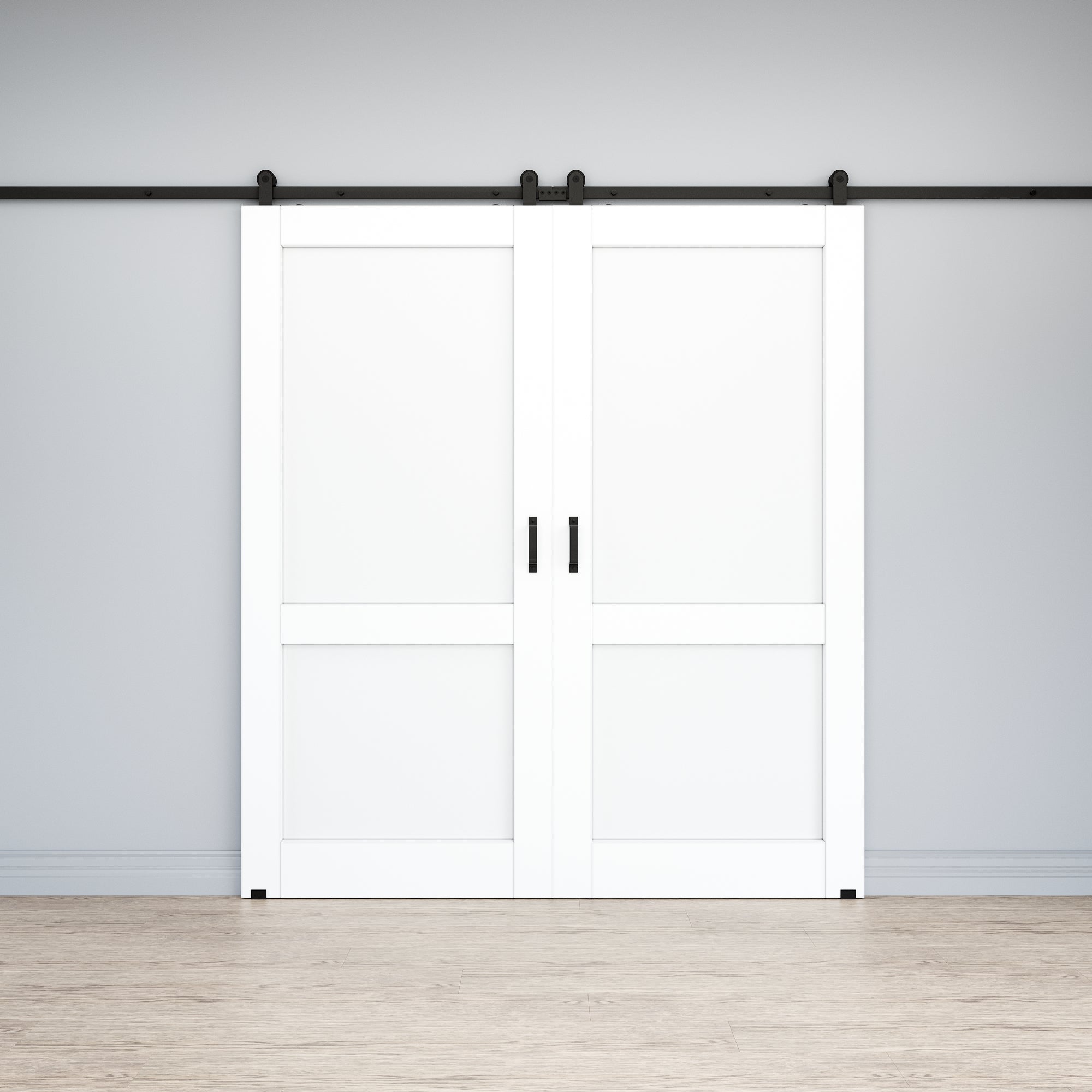 Ark Design 2-Lite Panel White Primed Paneled MDF Top Mounted Double Sliding Barn Doors with Hardware Kit