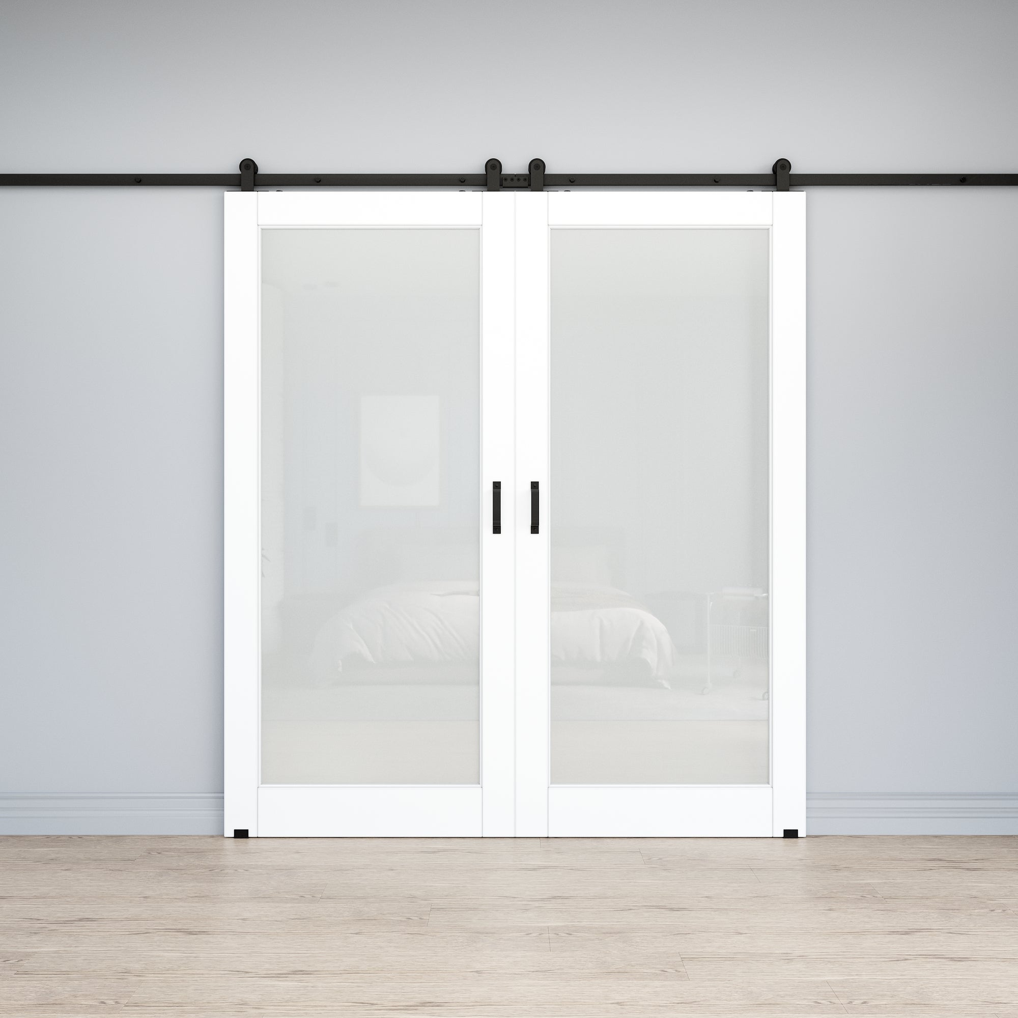 Ark Design 1-Lite Tempered Frosted Glass White Primed MDF Top Mounted Composite Double Sliding Barn Doors with Hardware Kit