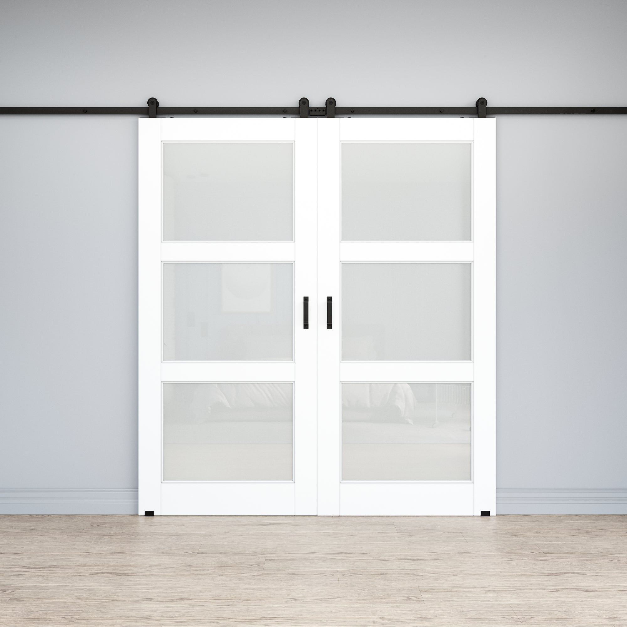 Ark Design 3-Lite Tempered Frosted Glass White Primed MDF Top Mounted Composite Double Sliding Barn Doors with Hardware Kit