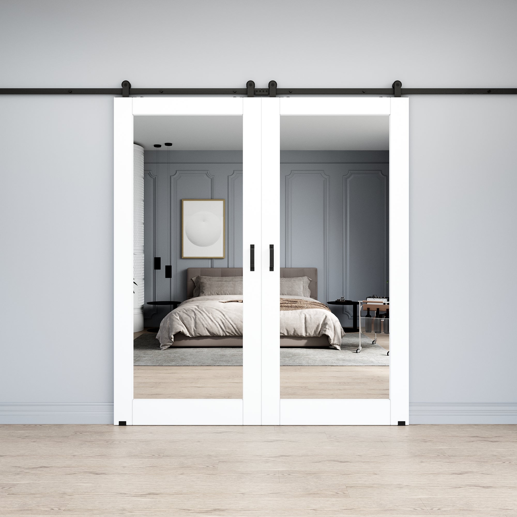 Ark Design 1-Lite Mirrored Glass White Primed Top Mounted  Double Sliding Barn Doors with Hardware Kit