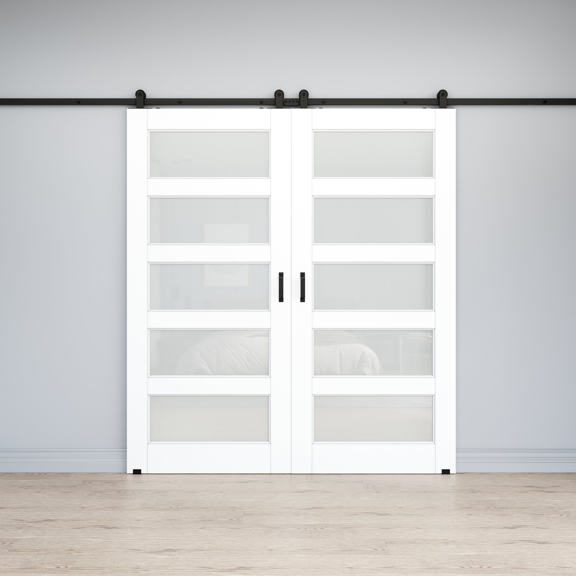 Ark Design 5-Lite Tempered Frosted Glass White Primed MDF Top Mounted Composite Double Sliding Barn Doors with Hardware Kit