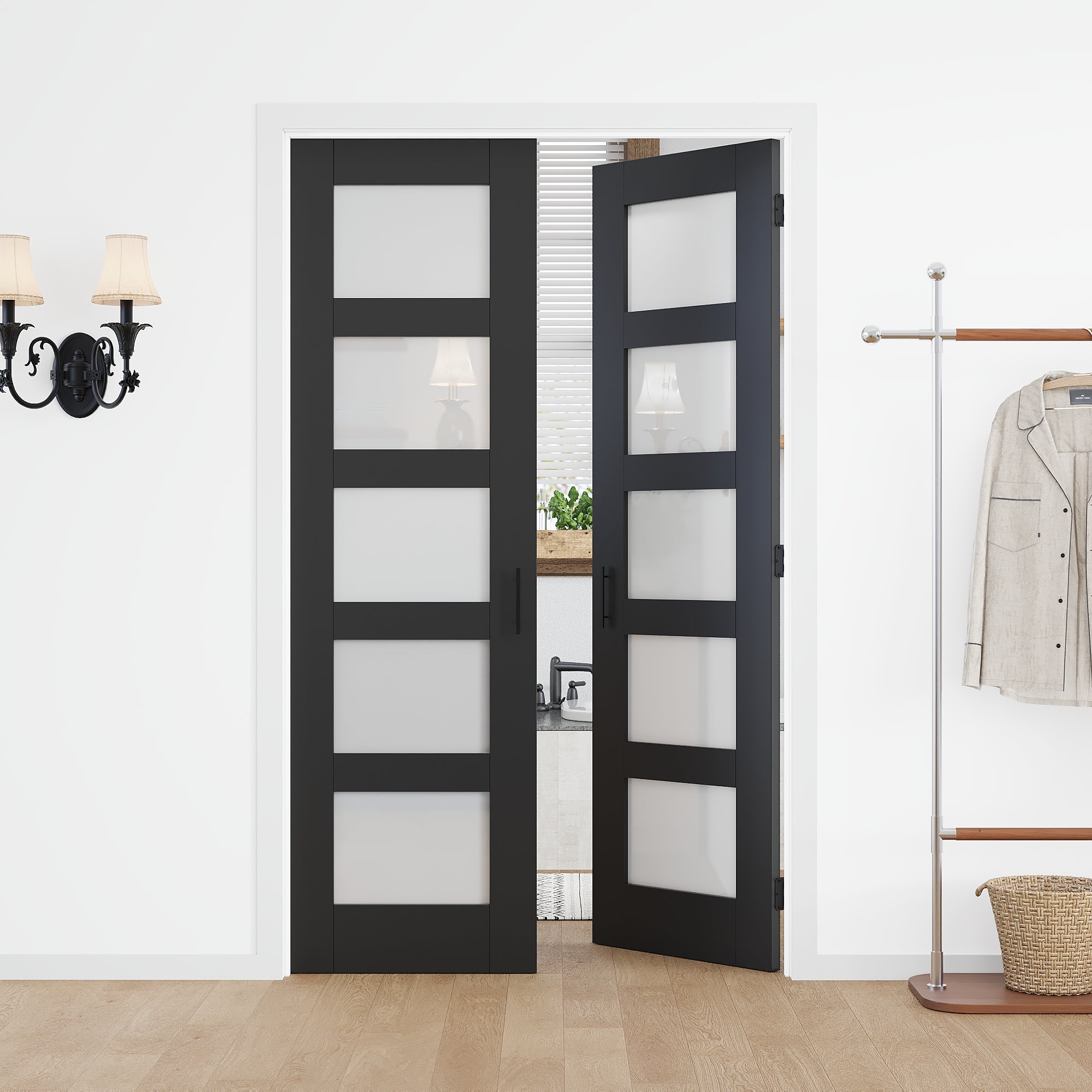 [Black Ball Catch Prehung French Door Collection] 5-Lite Frosted Glass Black Solid Core Glass French Door Panels with Black Ball Catch Ready-to-Assemble White Jamb