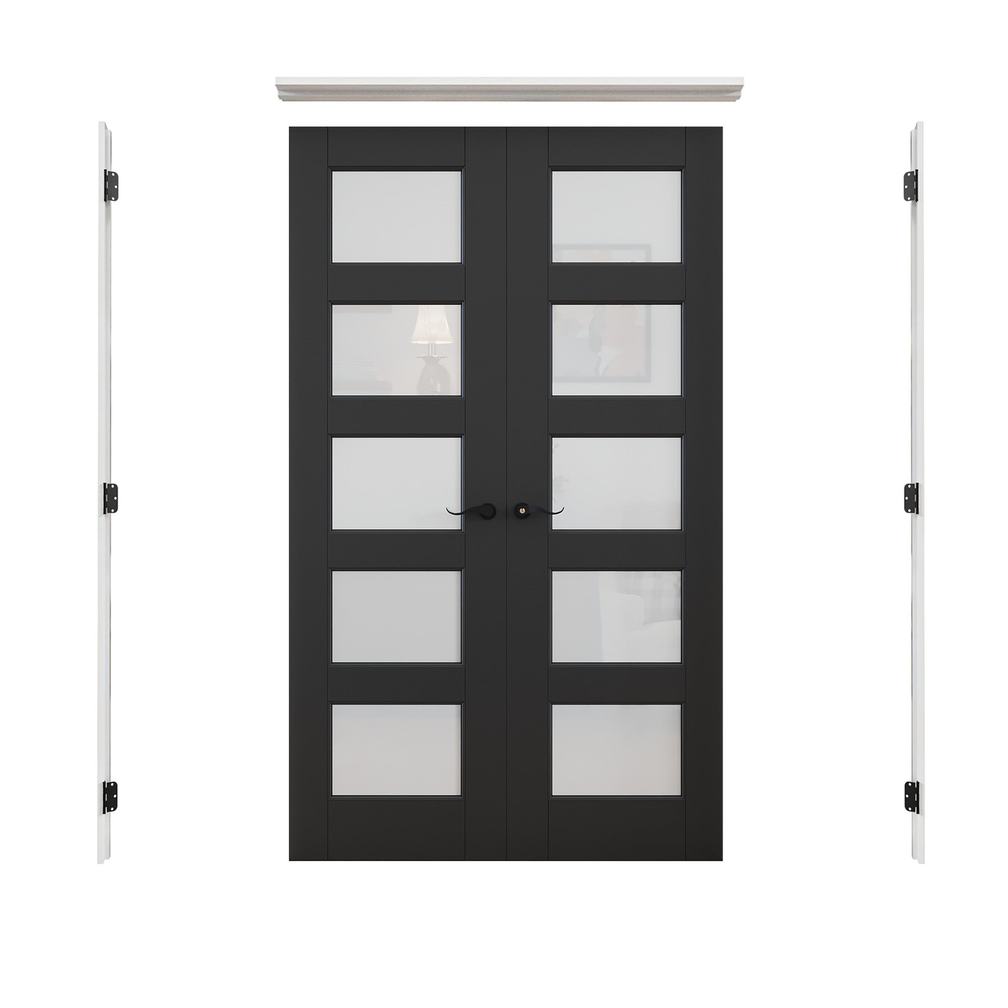 [Black Hardware Prehung French Door Collection] 5-Lite Frosted Glass Black Solid Core Double Prehung French Door with Ready-to-Assemble White Jamb